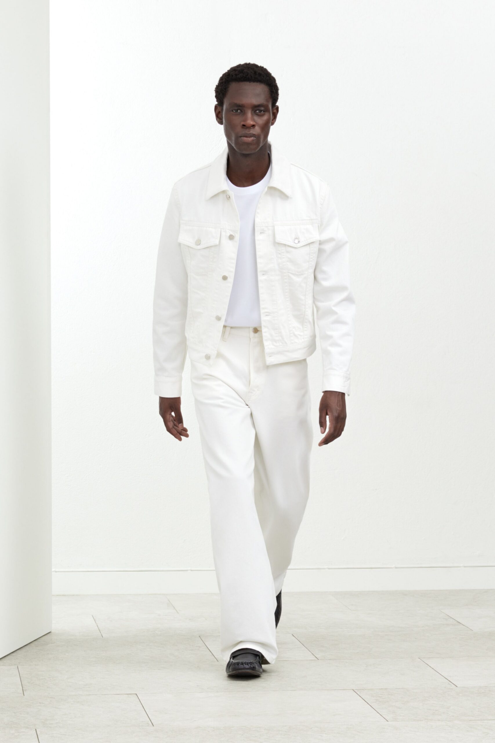 white denim jacket with relaxed pants