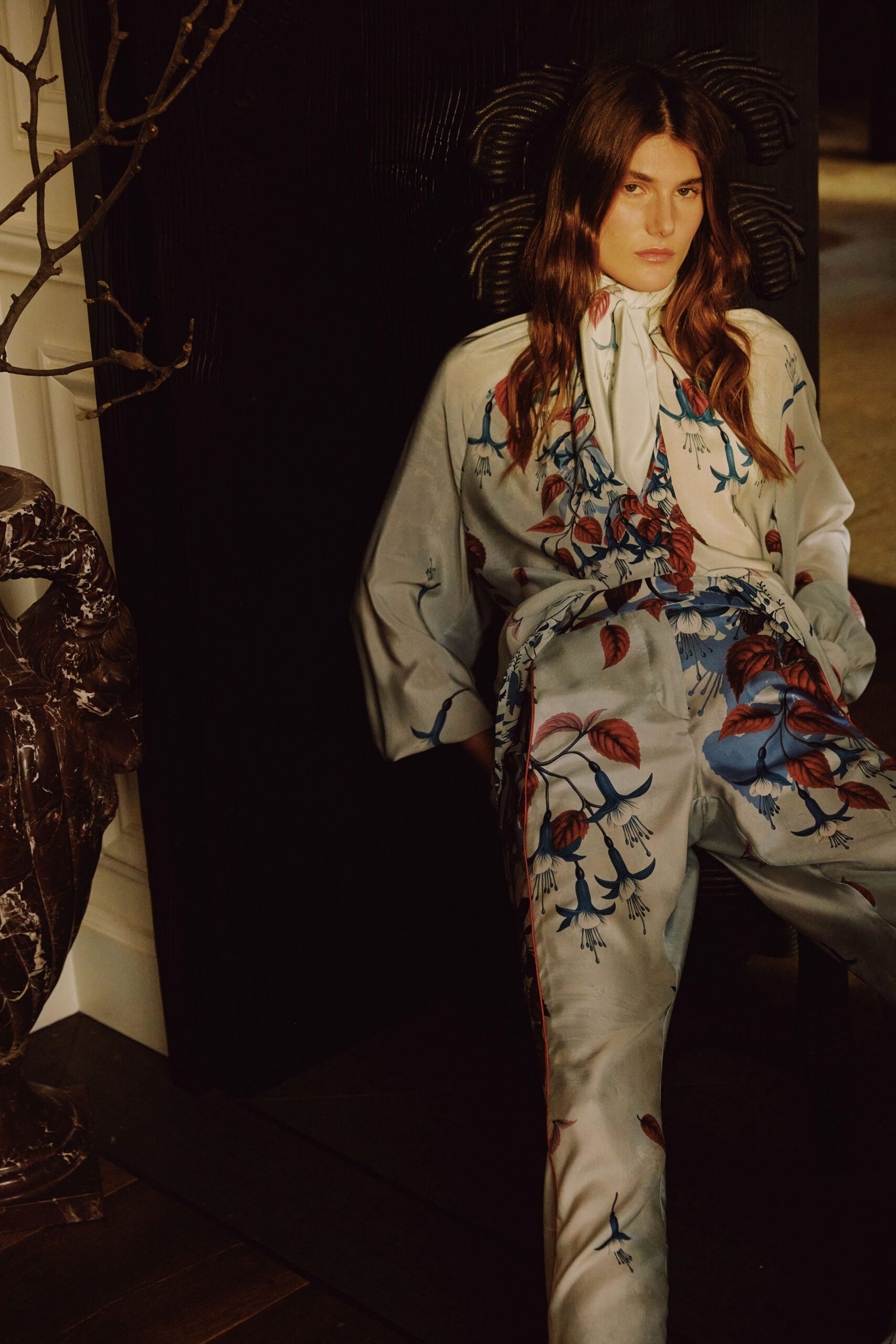 white silk long-sleeve collared relaxed floral buttoned blouse