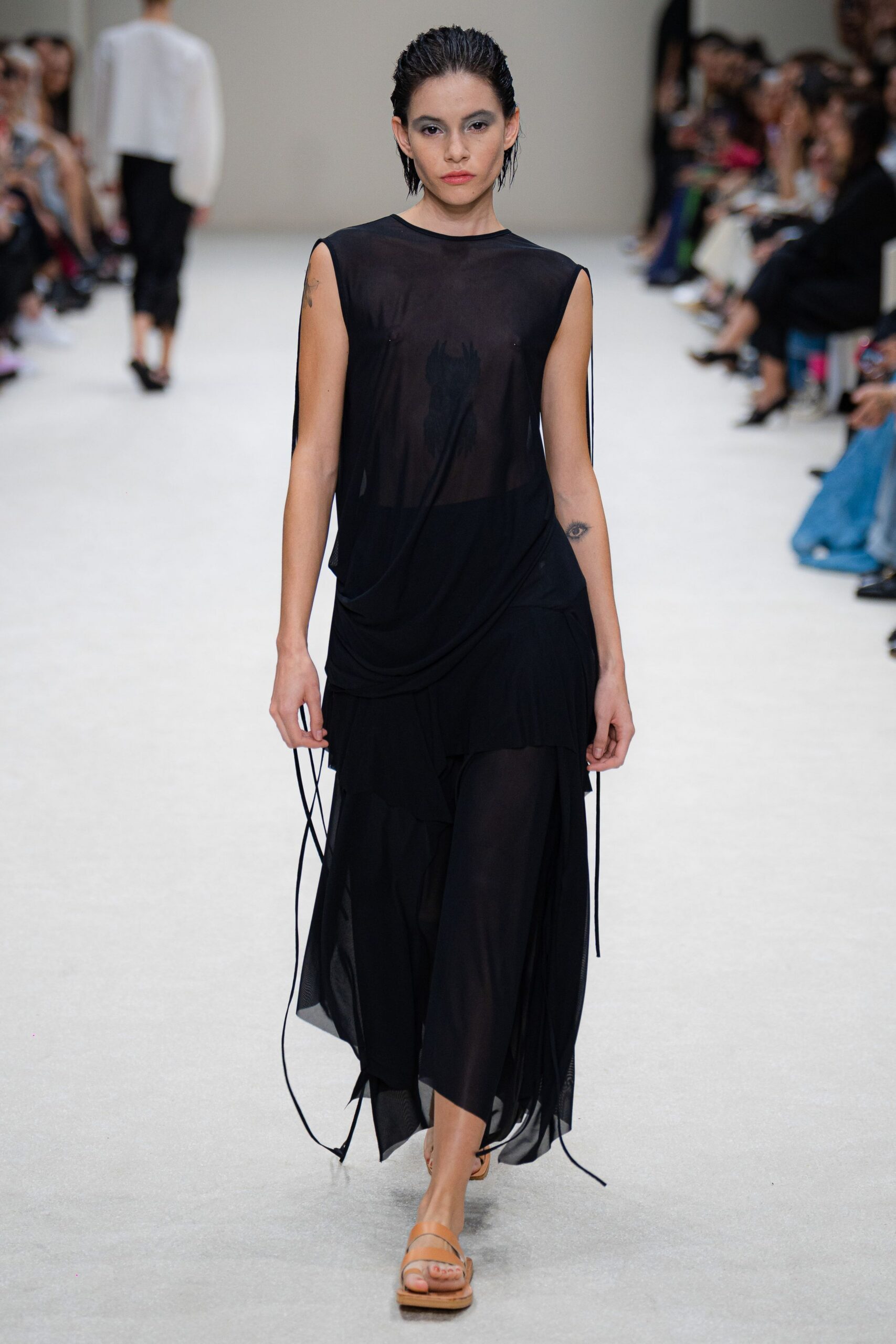 black silk sleeveless relaxed layered draped sheer dress
