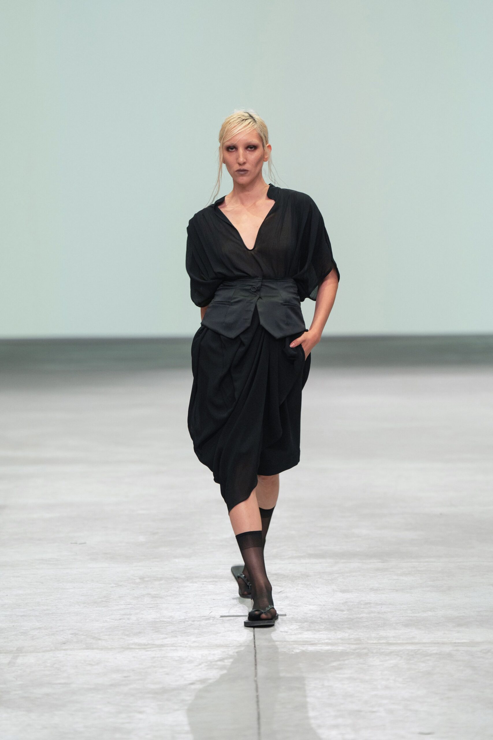black relaxed midi dress with pockets