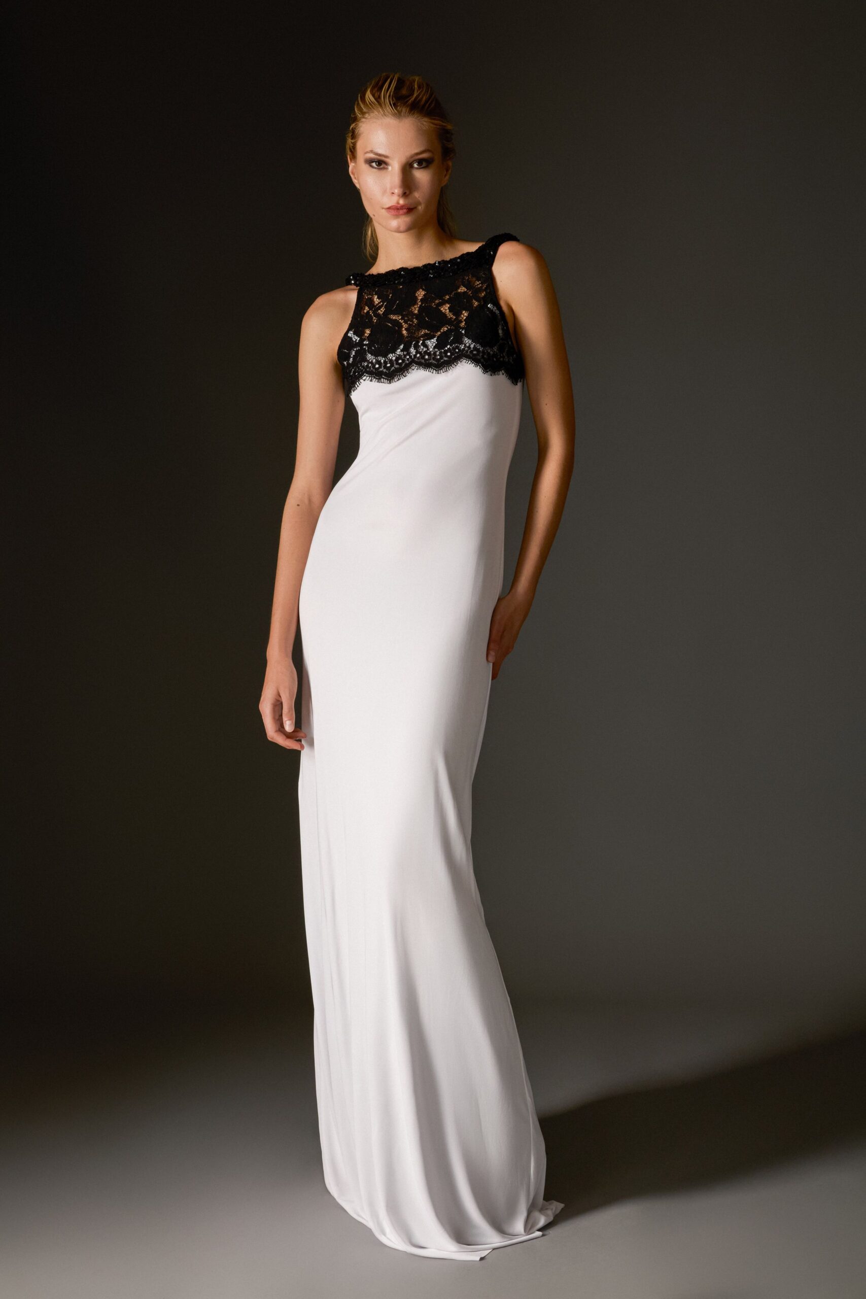 white silk fitted gown