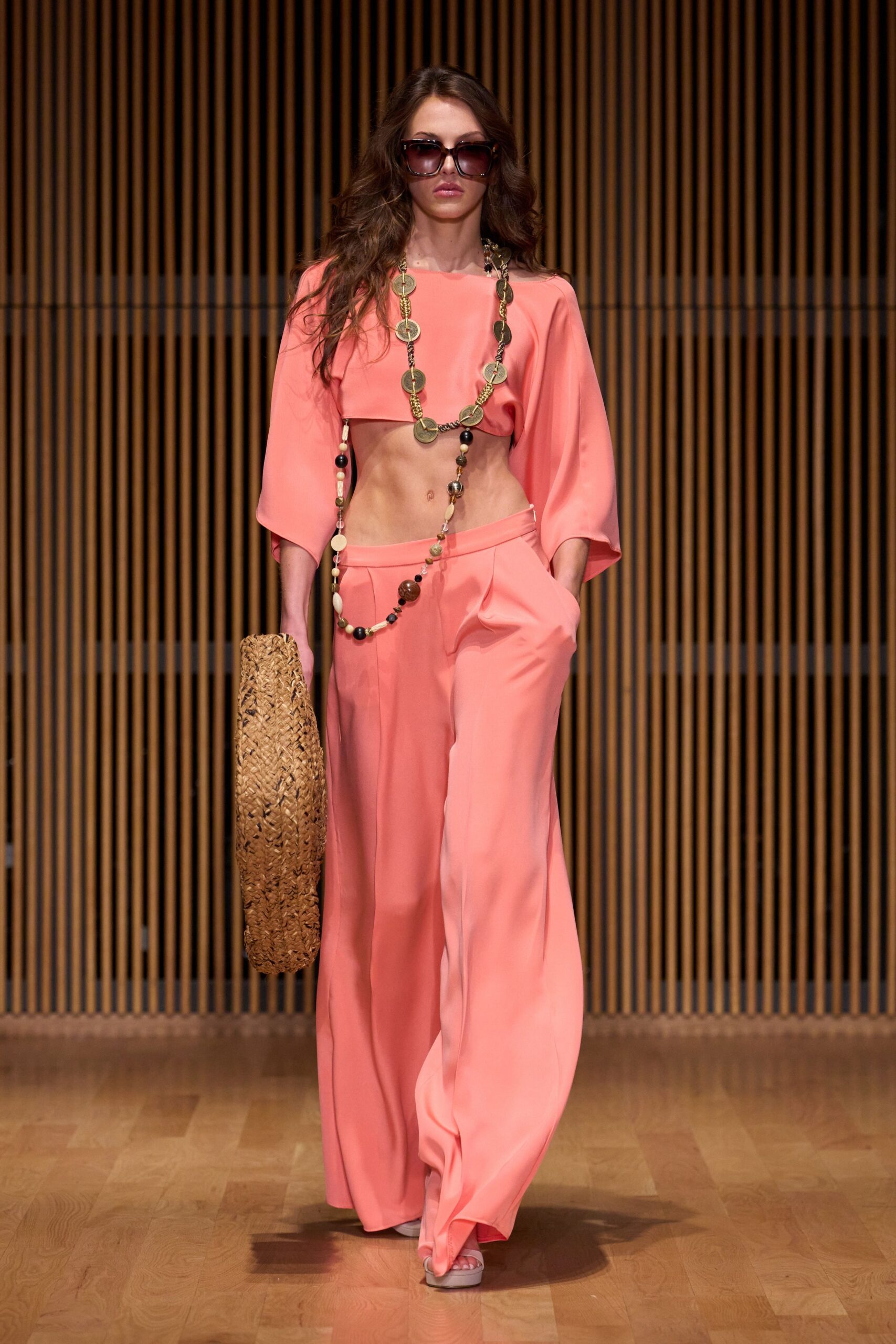 coral silk cropped top and pants