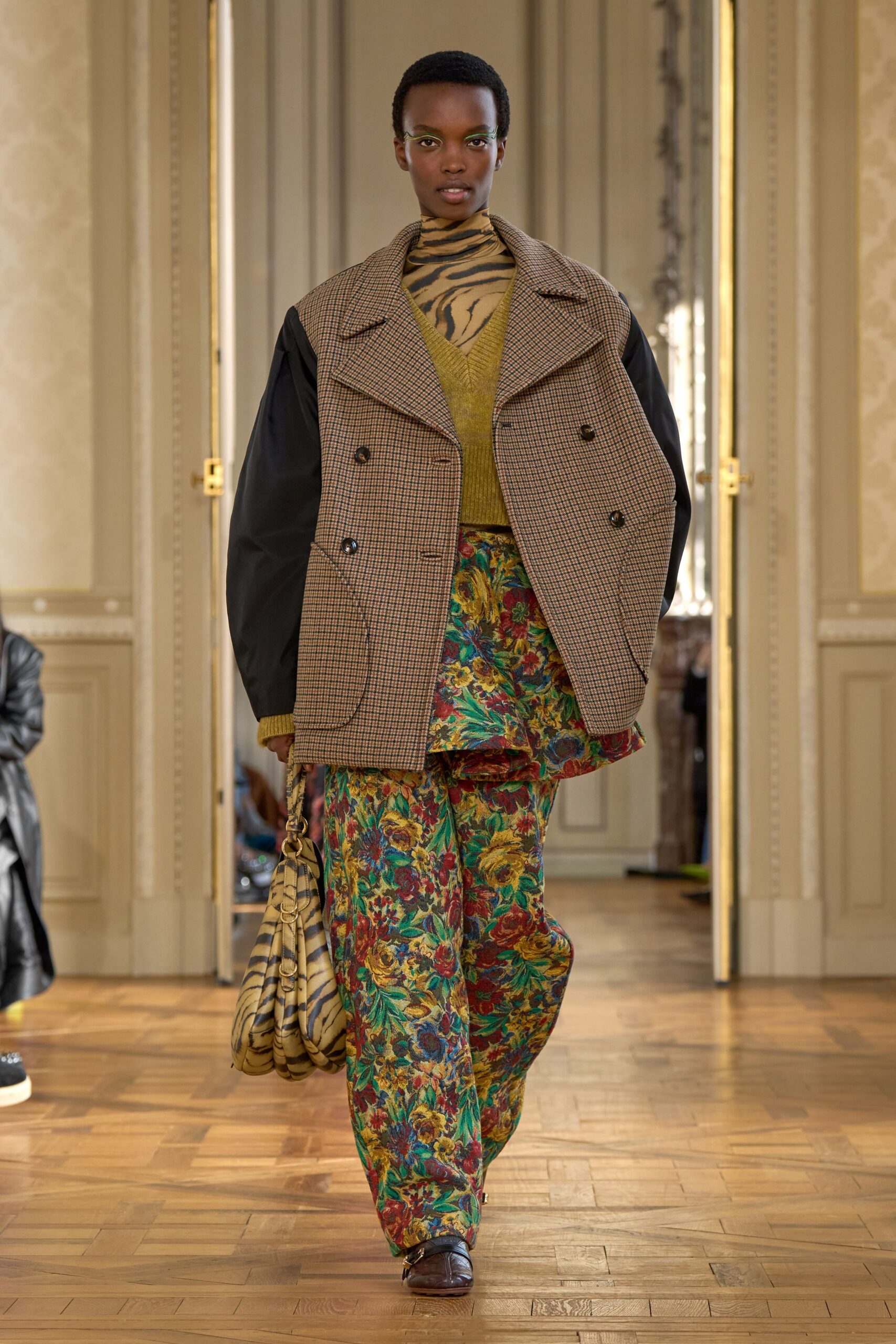 brown wool long-sleeve collared structured checked jacket