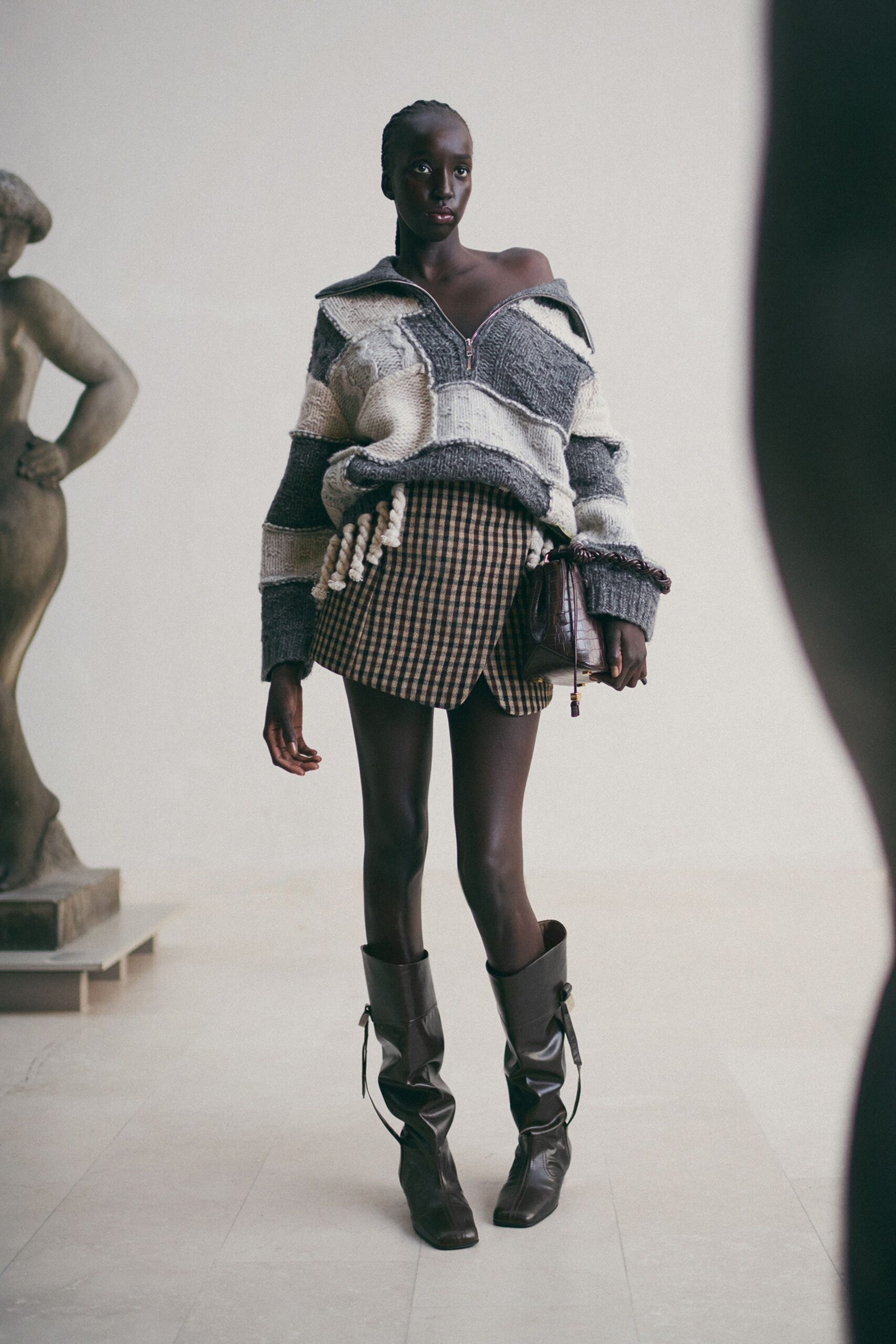 gray wool long-sleeve off-shoulder oversized striped sweater