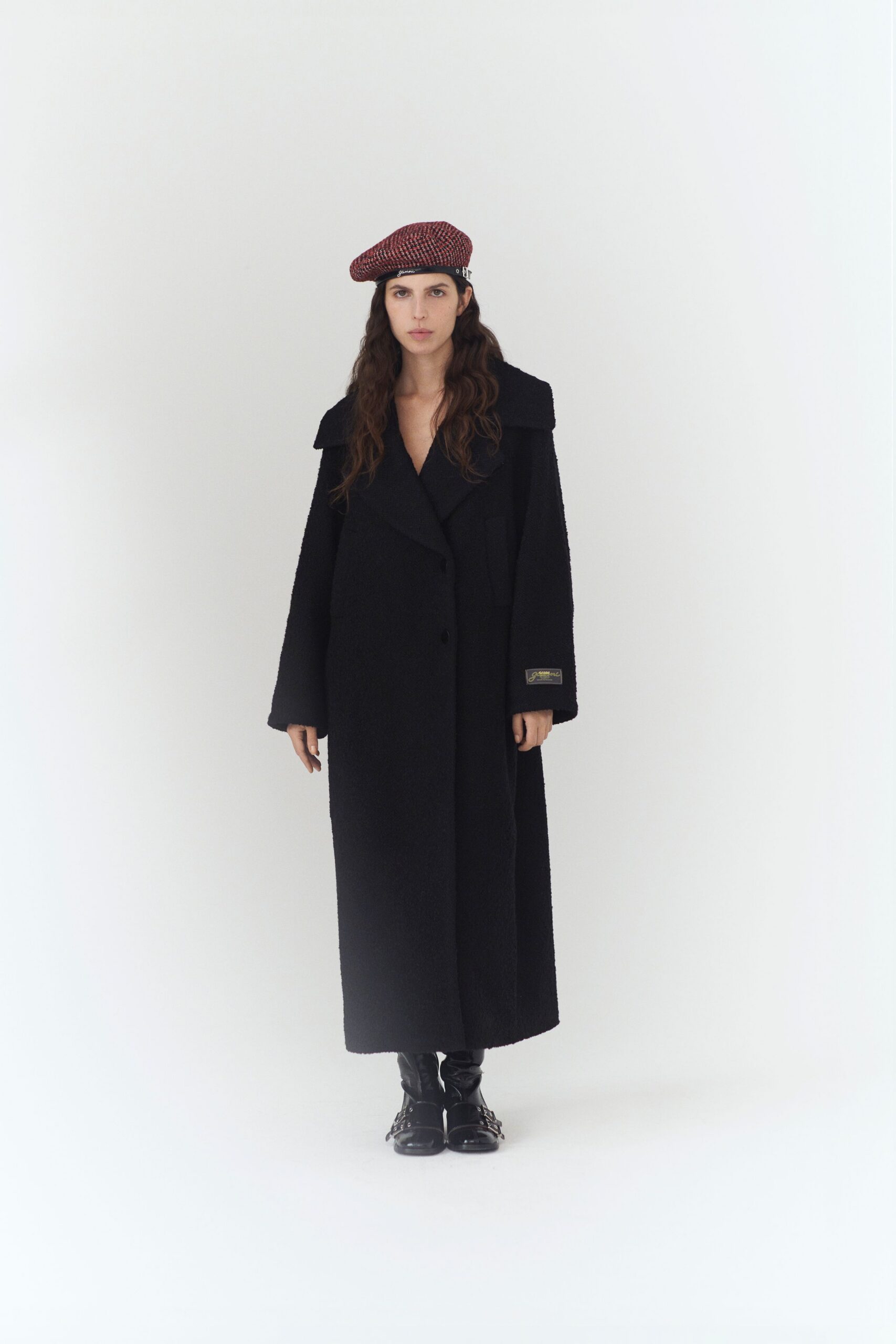 black wool coat with checked hat