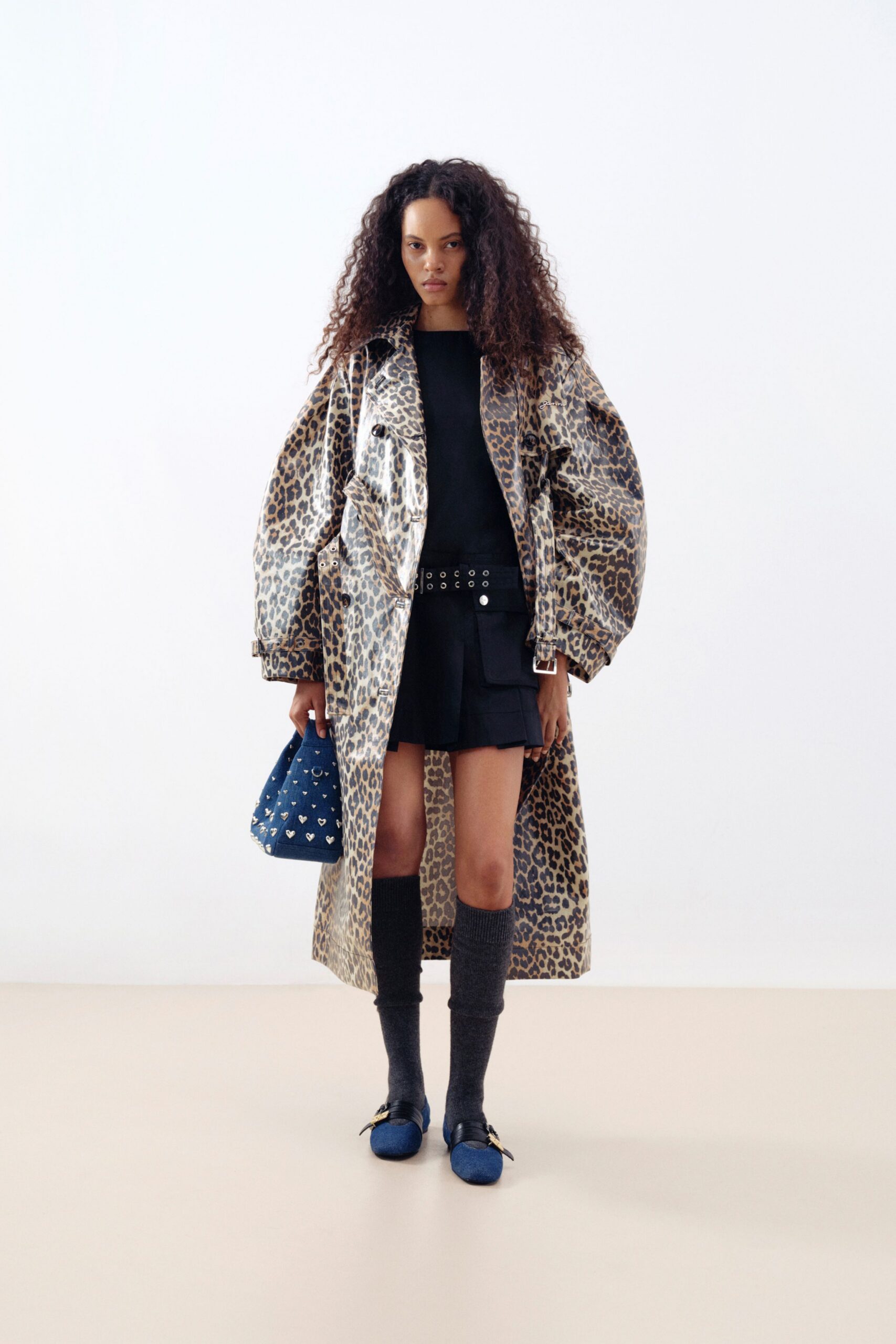 beige silk long-sleeve collared oversized animal-print maxi coat