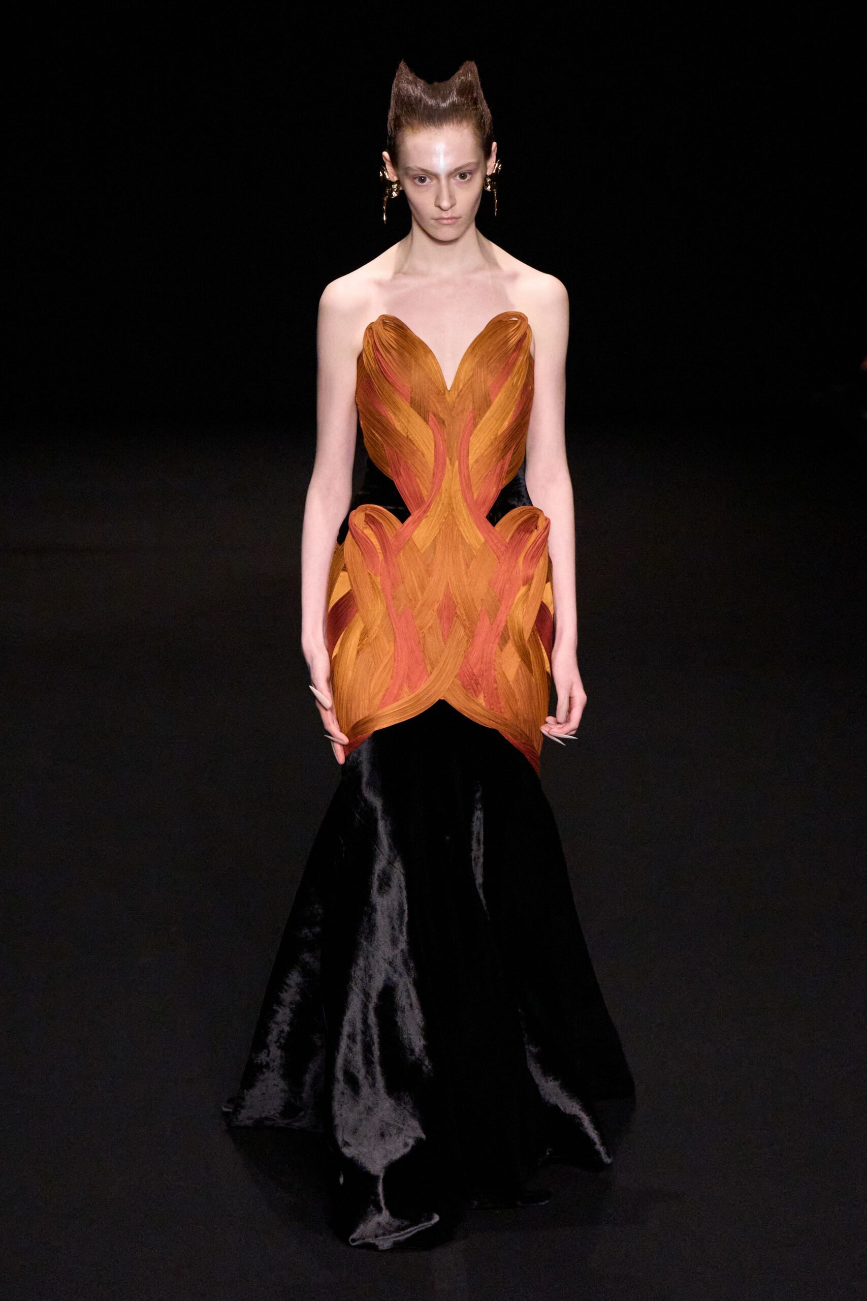 black silk strapless gown