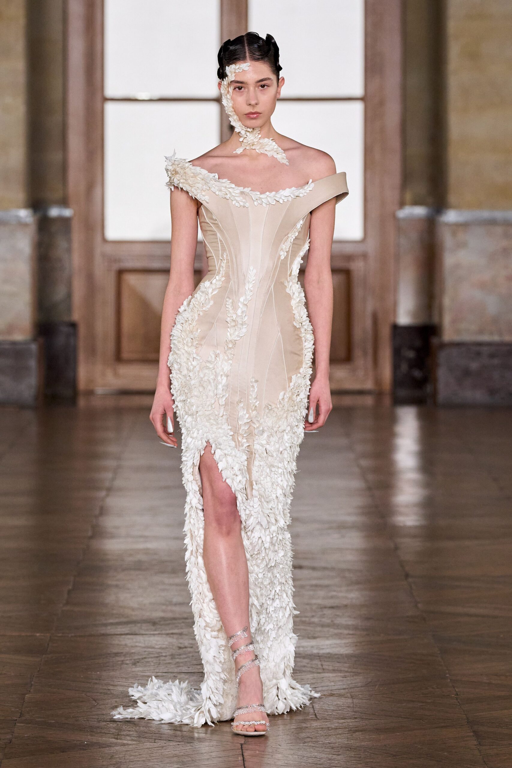 ivory silk off-shoulder slit fitted embroidered layered gown