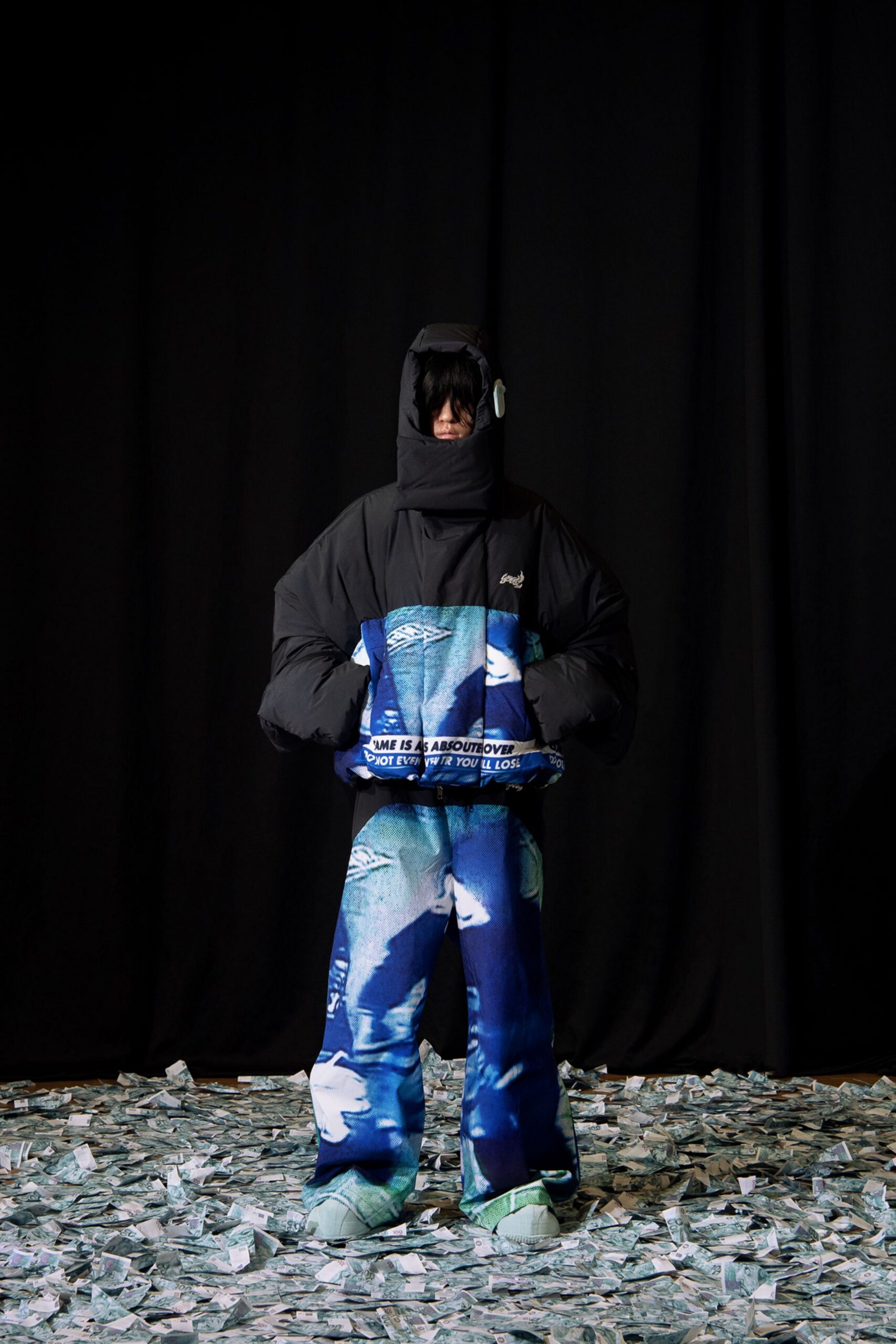 black oversized jacket blue pants