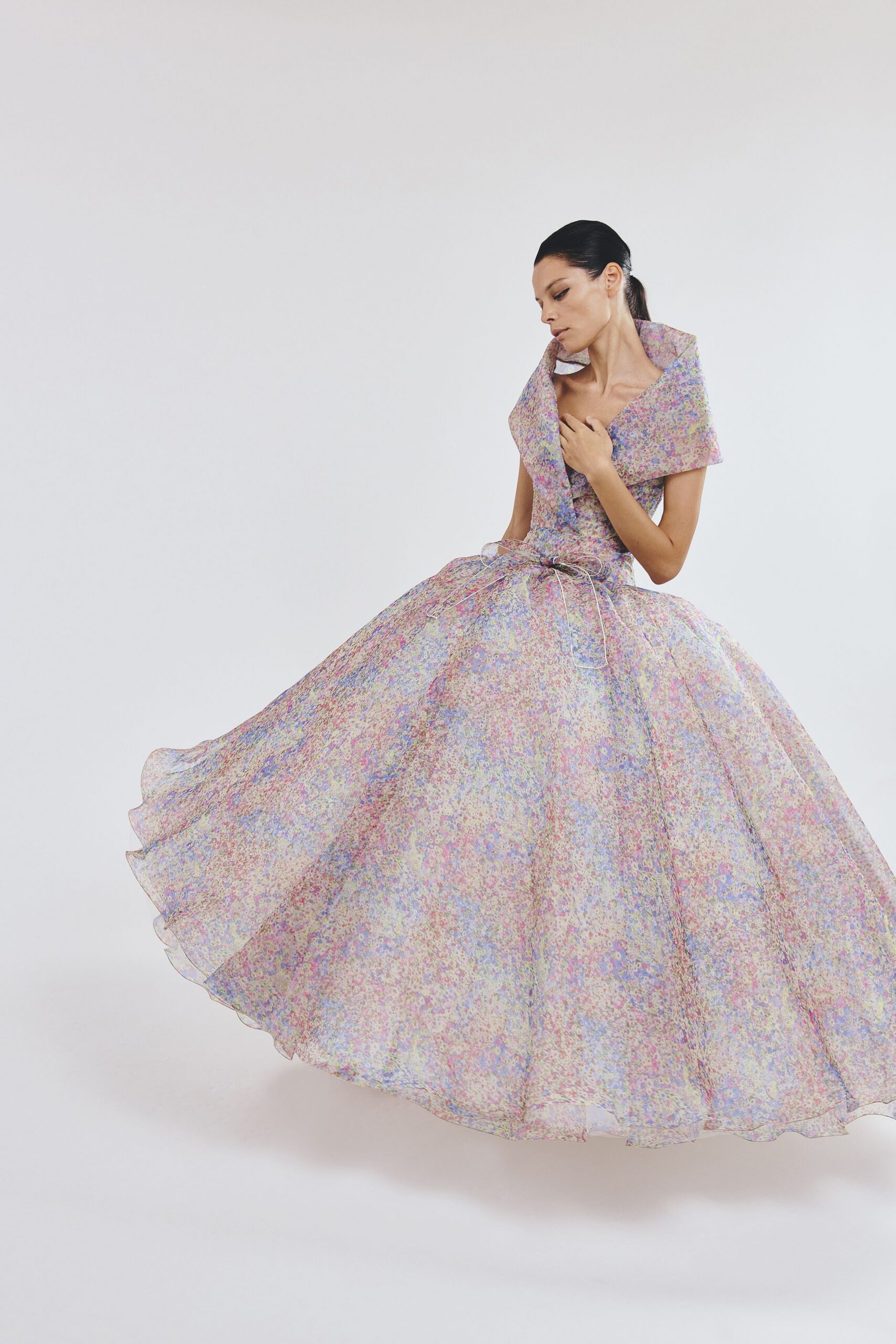multi-colored chiffon gown