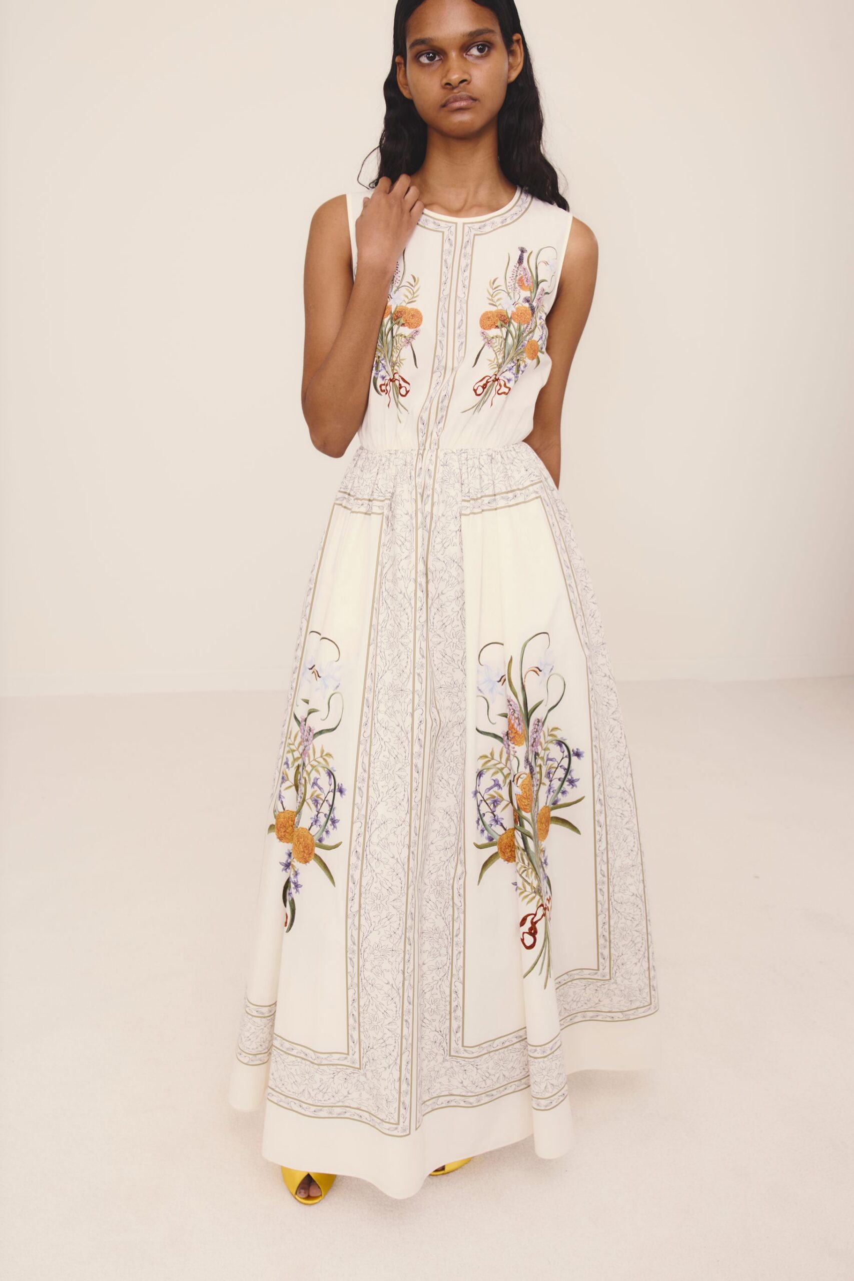 white cotton sleeveless high-neck fitted embroidered tiered maxi-dress