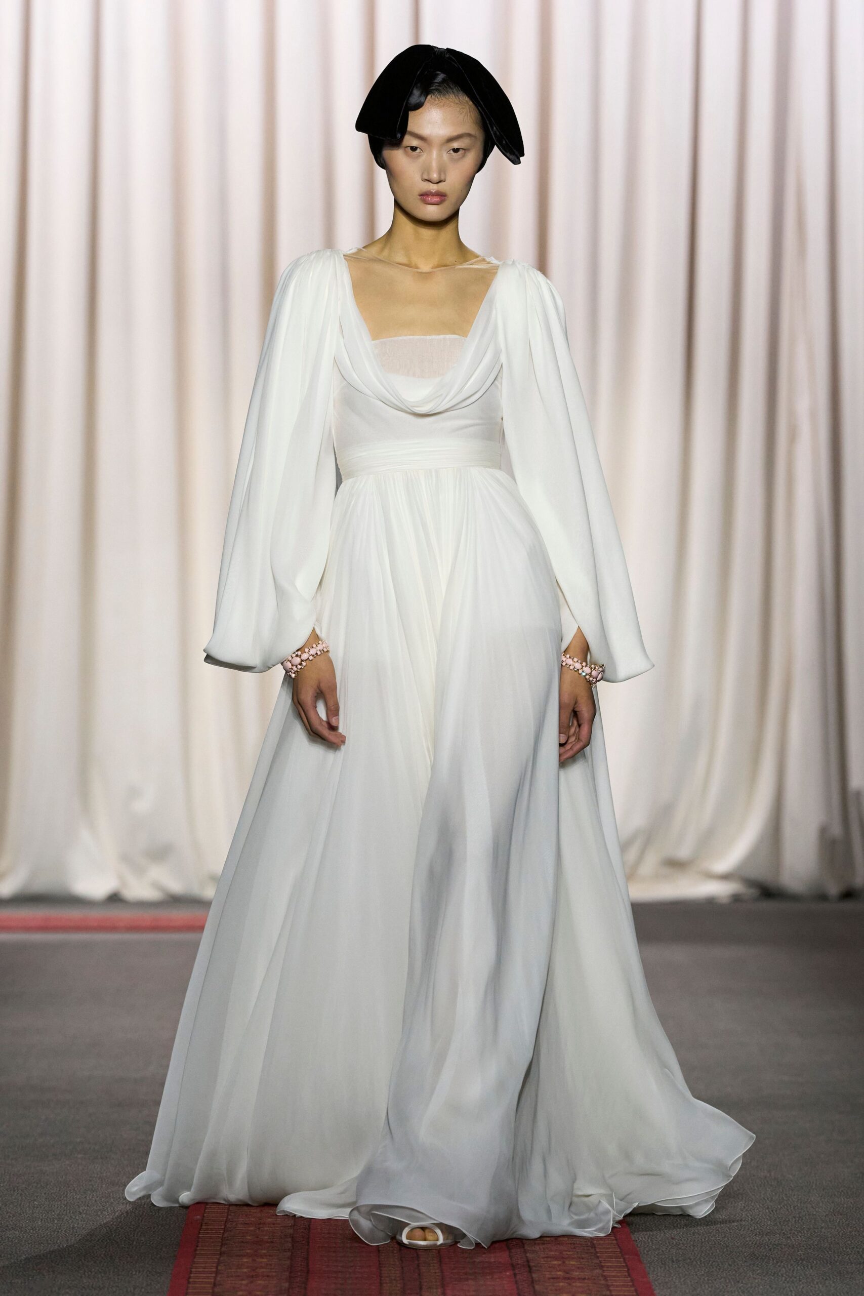 white chiffon long-sleeve gown