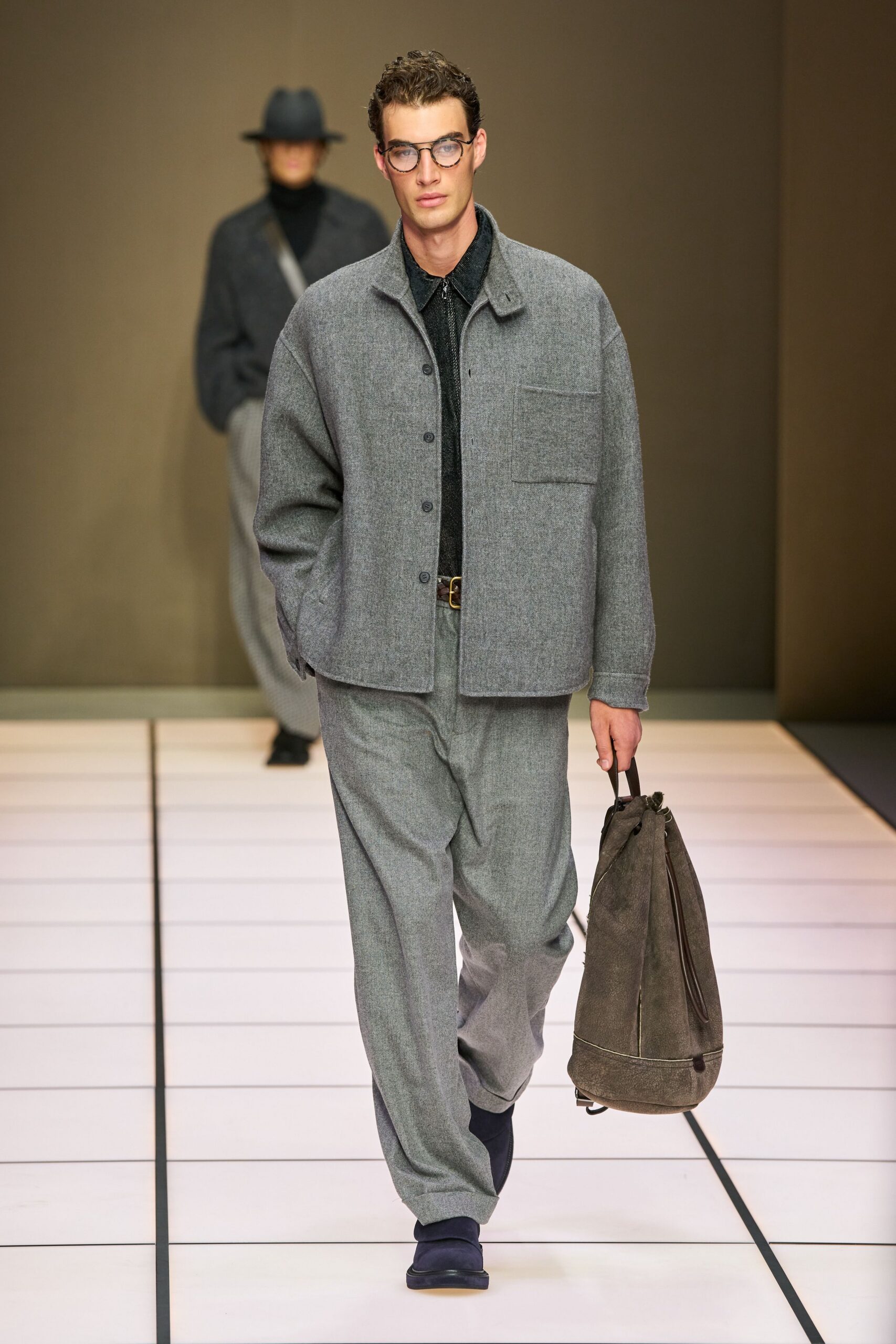 gray wool long-sleeve collared relaxed buttoned jacket