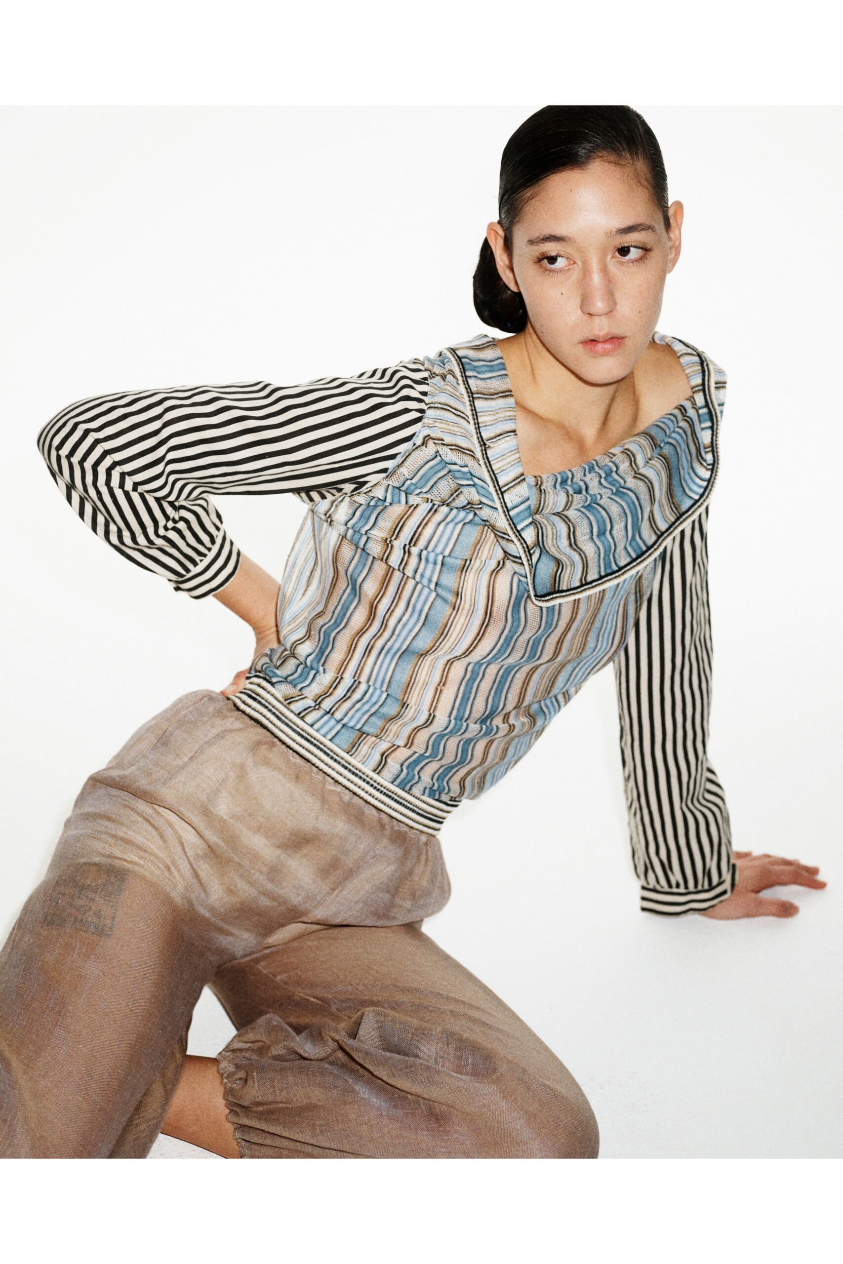 striped cotton top with beige pants