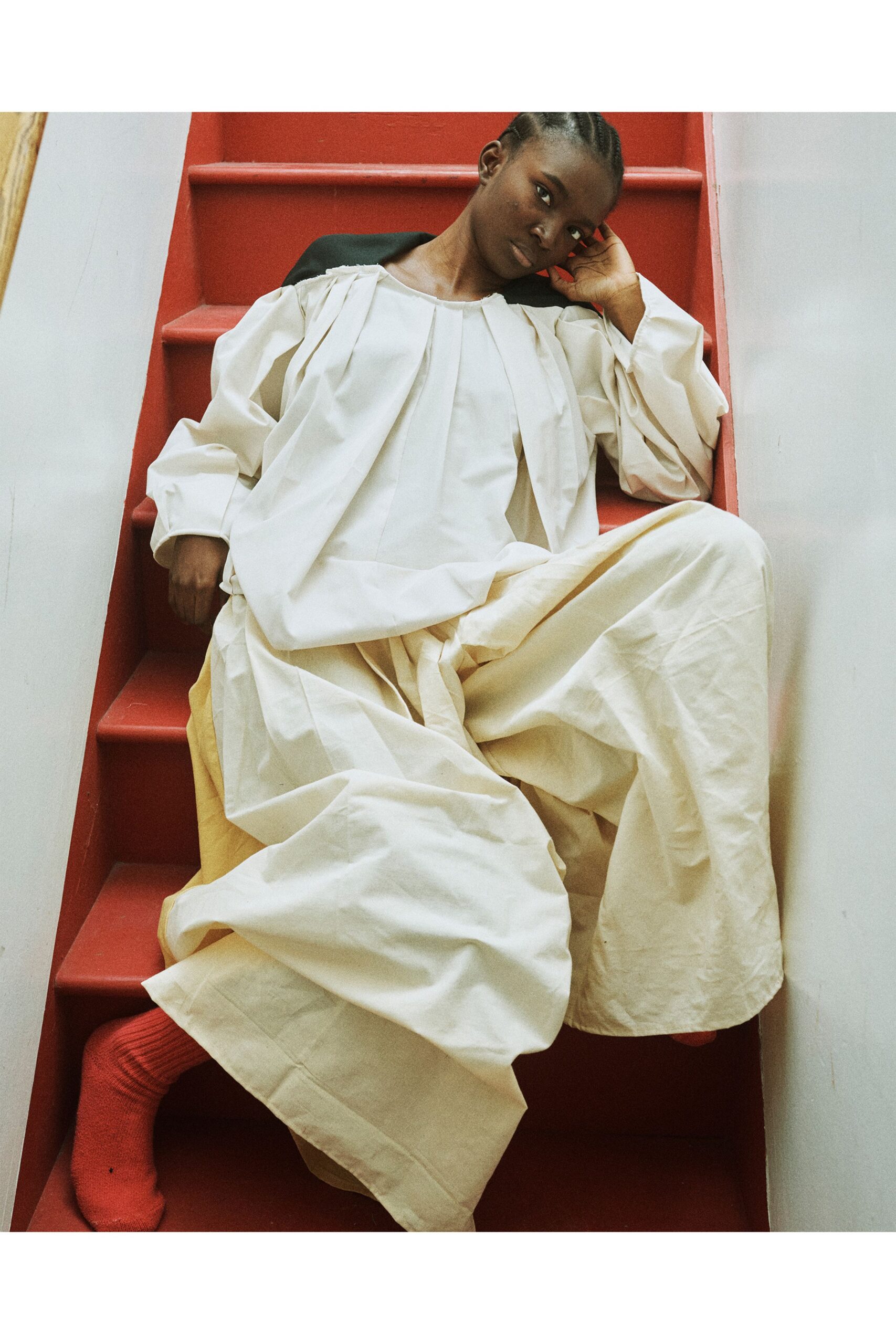 white cotton long-sleeve collared relaxed pleated maxi dress