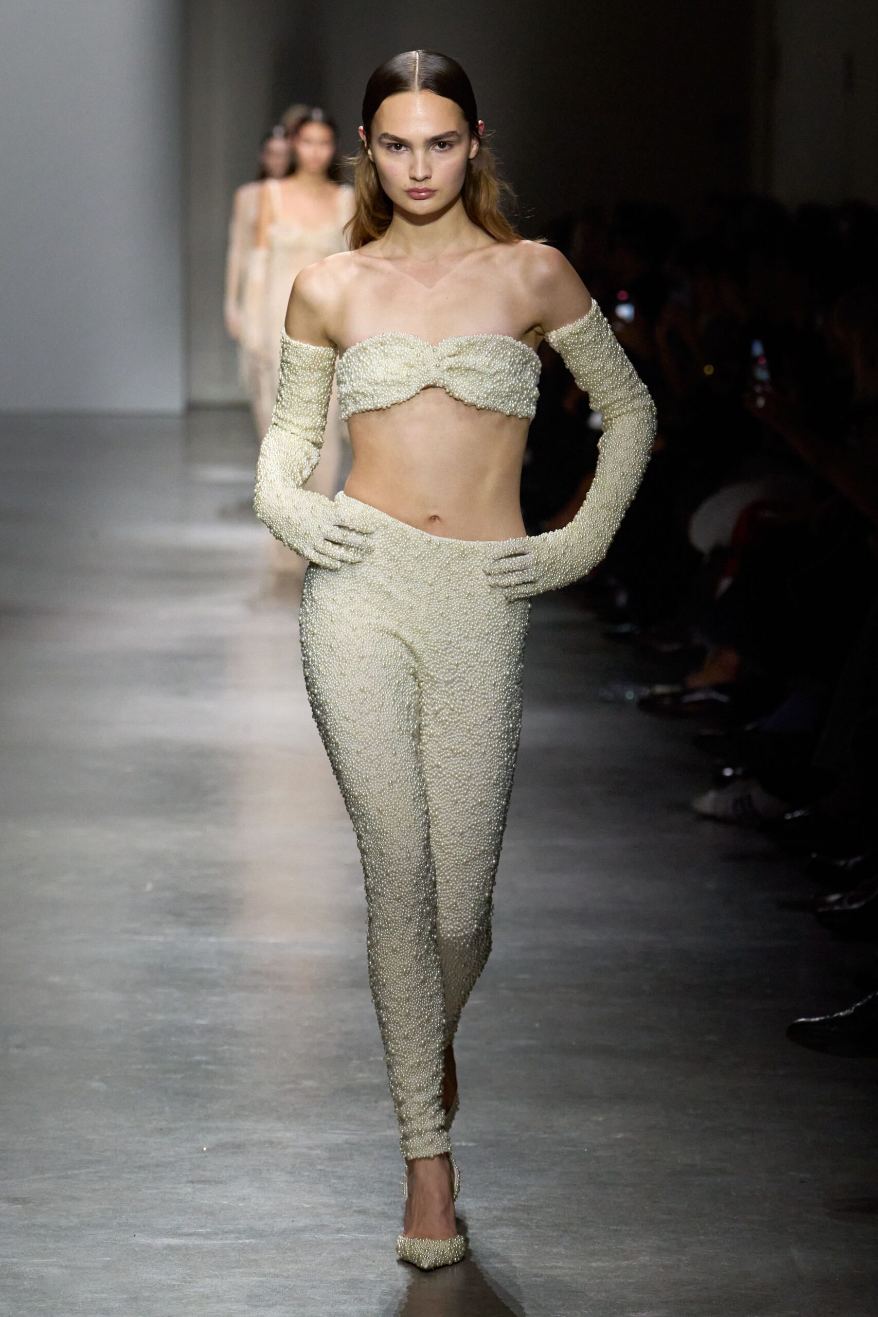 beige mesh strapless top and pants