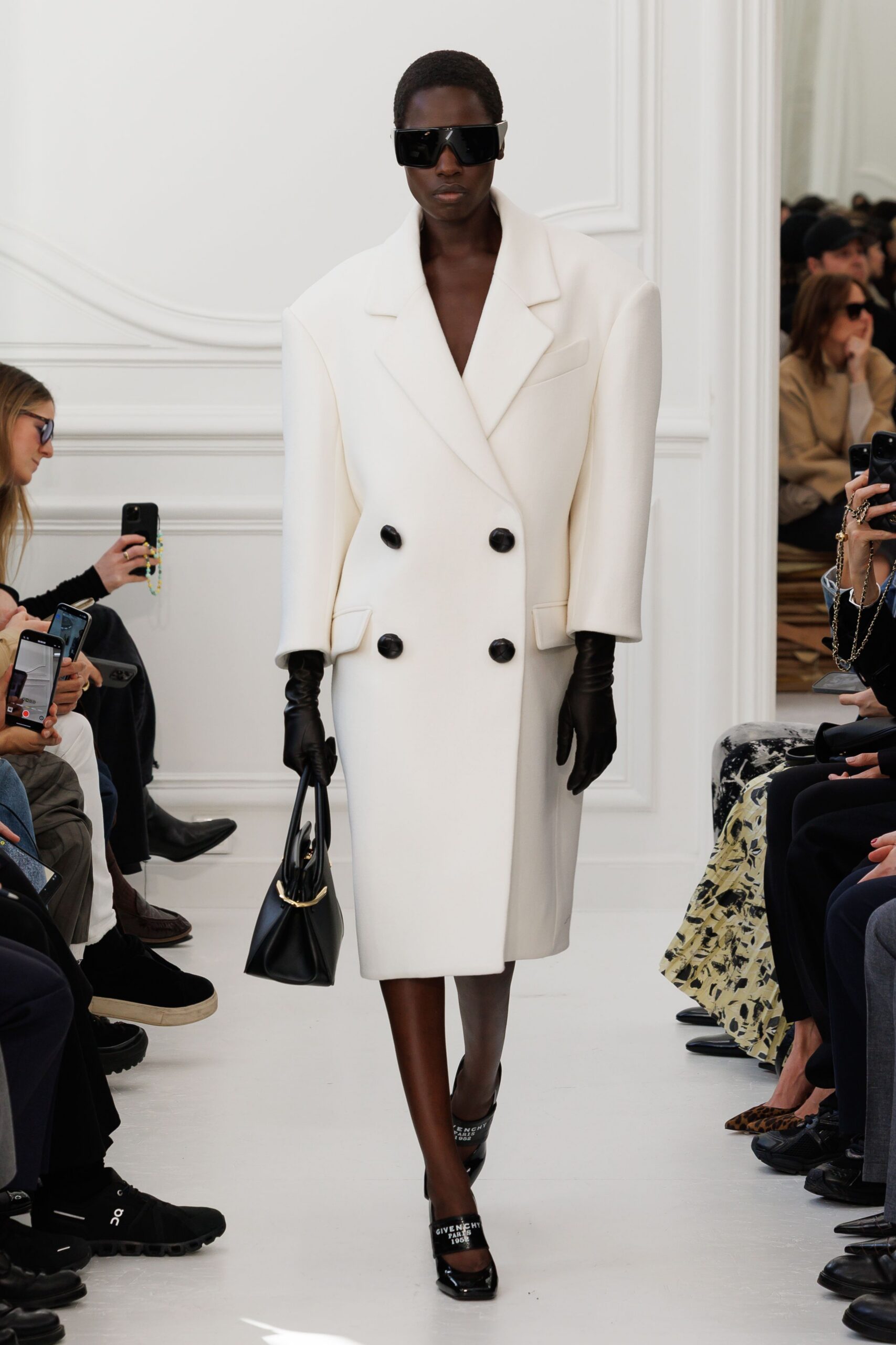 white wool long-sleeve collared structured midi coat
