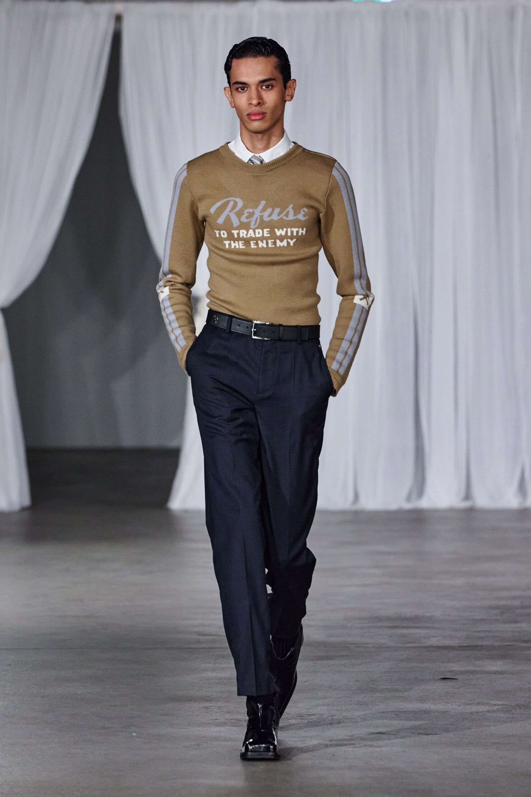 brown fitted sweater with printed detail