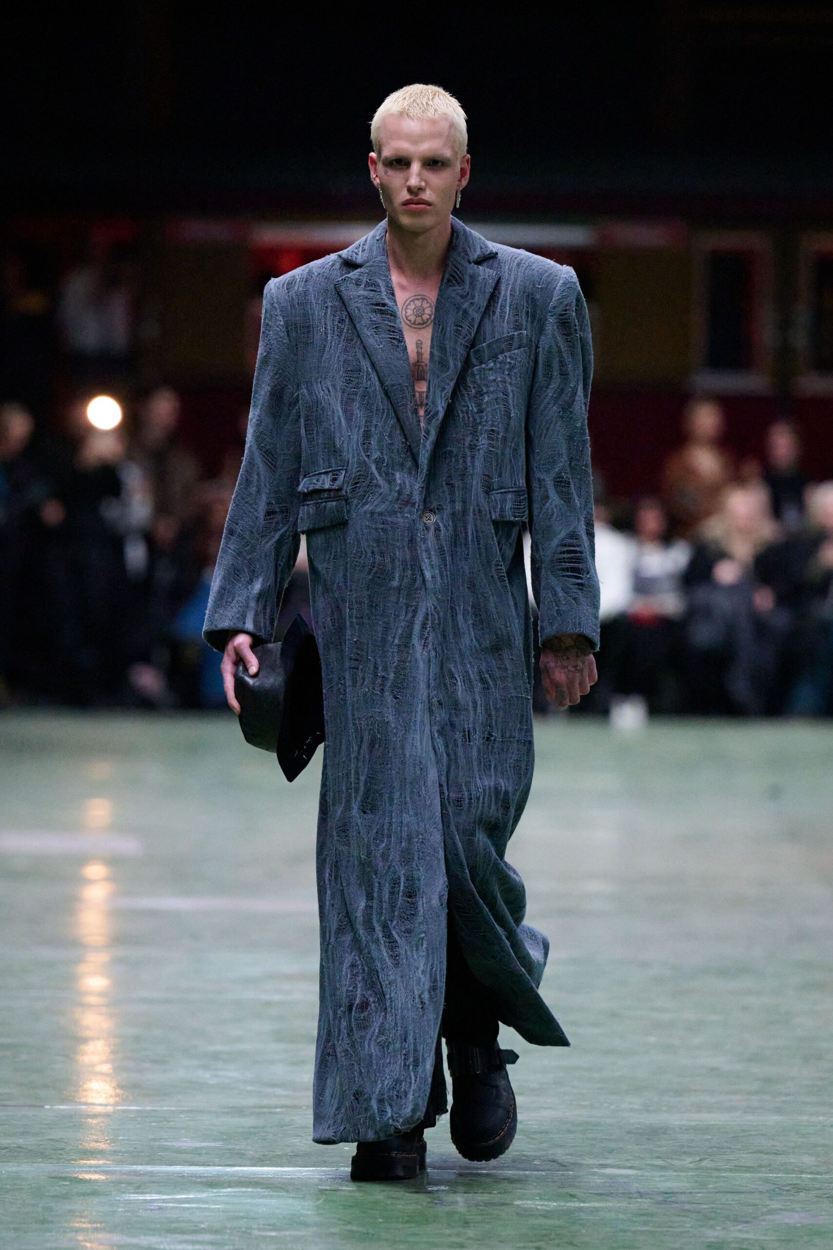blue cotton long-sleeve collared relaxed draped maxi coat