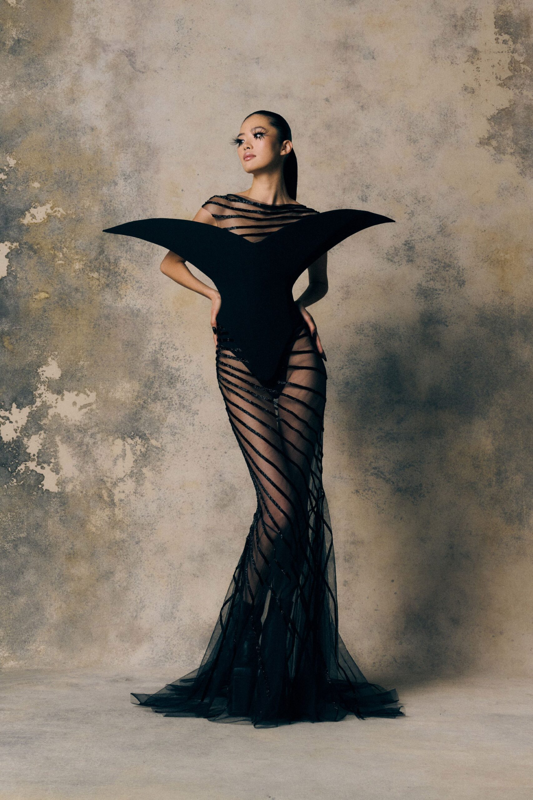 black mesh fitted gown