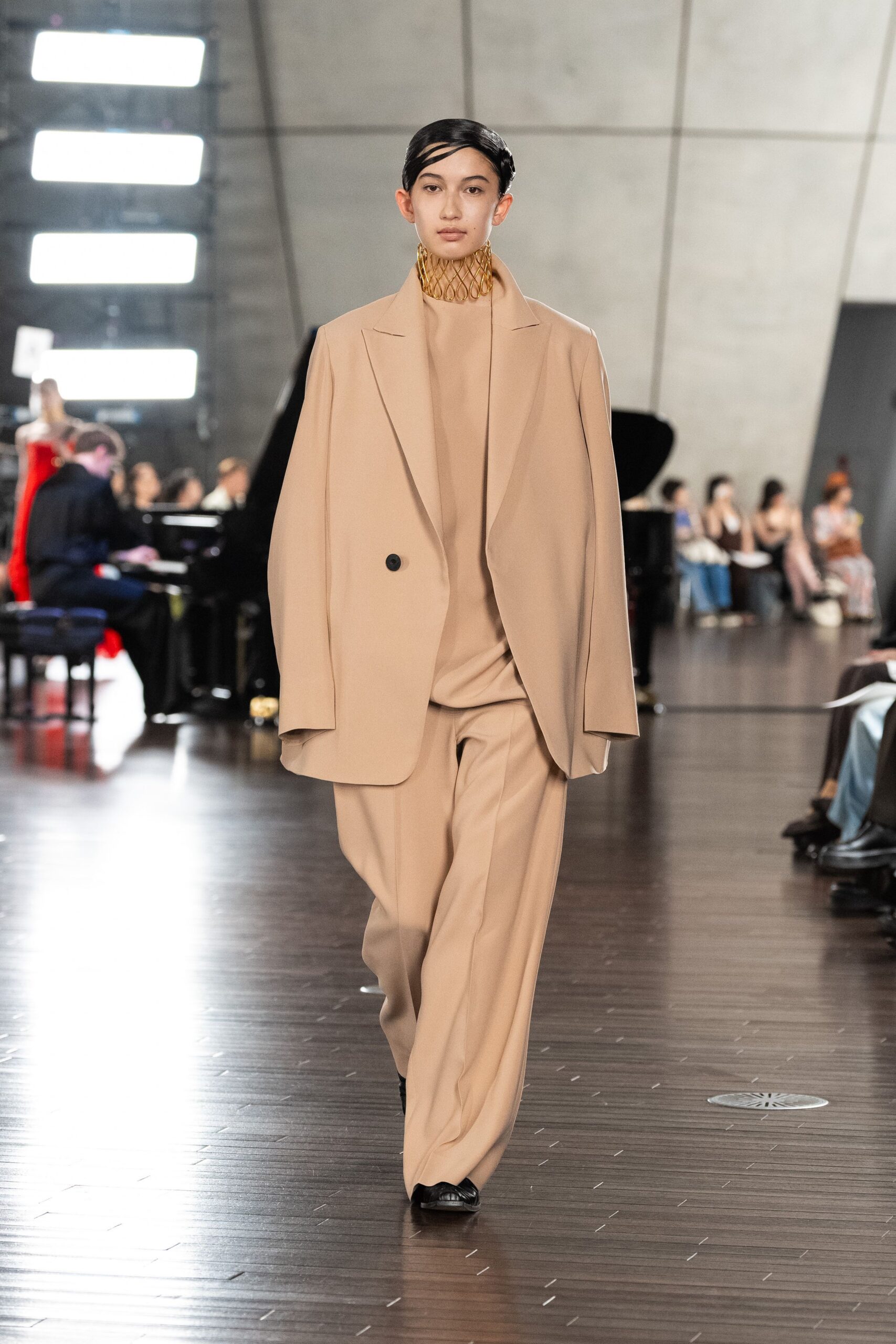 beige wool long-sleeve collared relaxed buttoned wide-leg suit