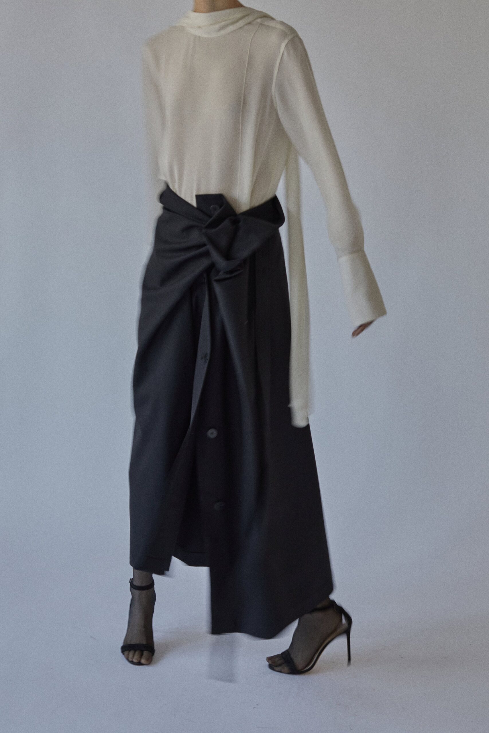 black cotton fitted high-waisted buttoned draped midi skirt