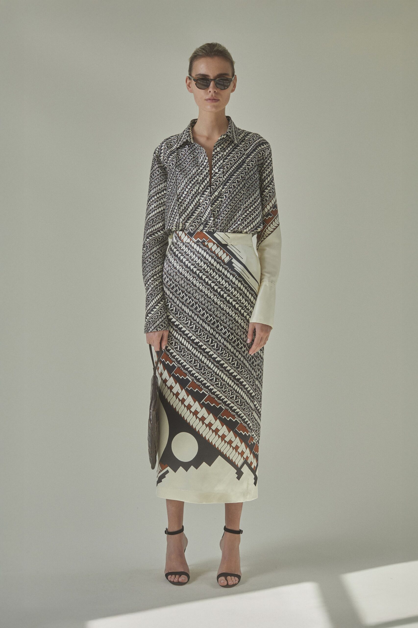 printed shirt and midi skirt
