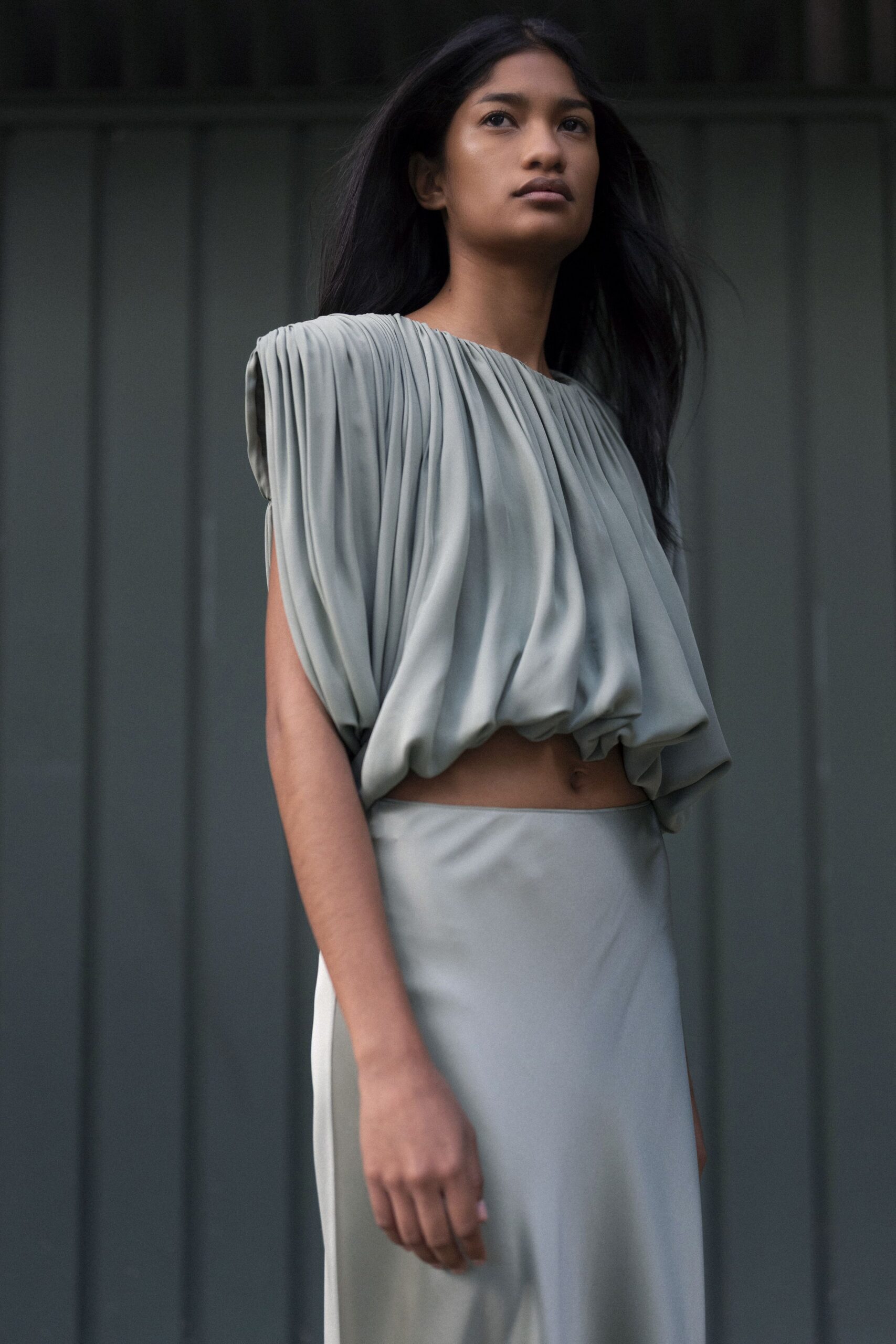 gray silk fitted straight-leg midi skirt