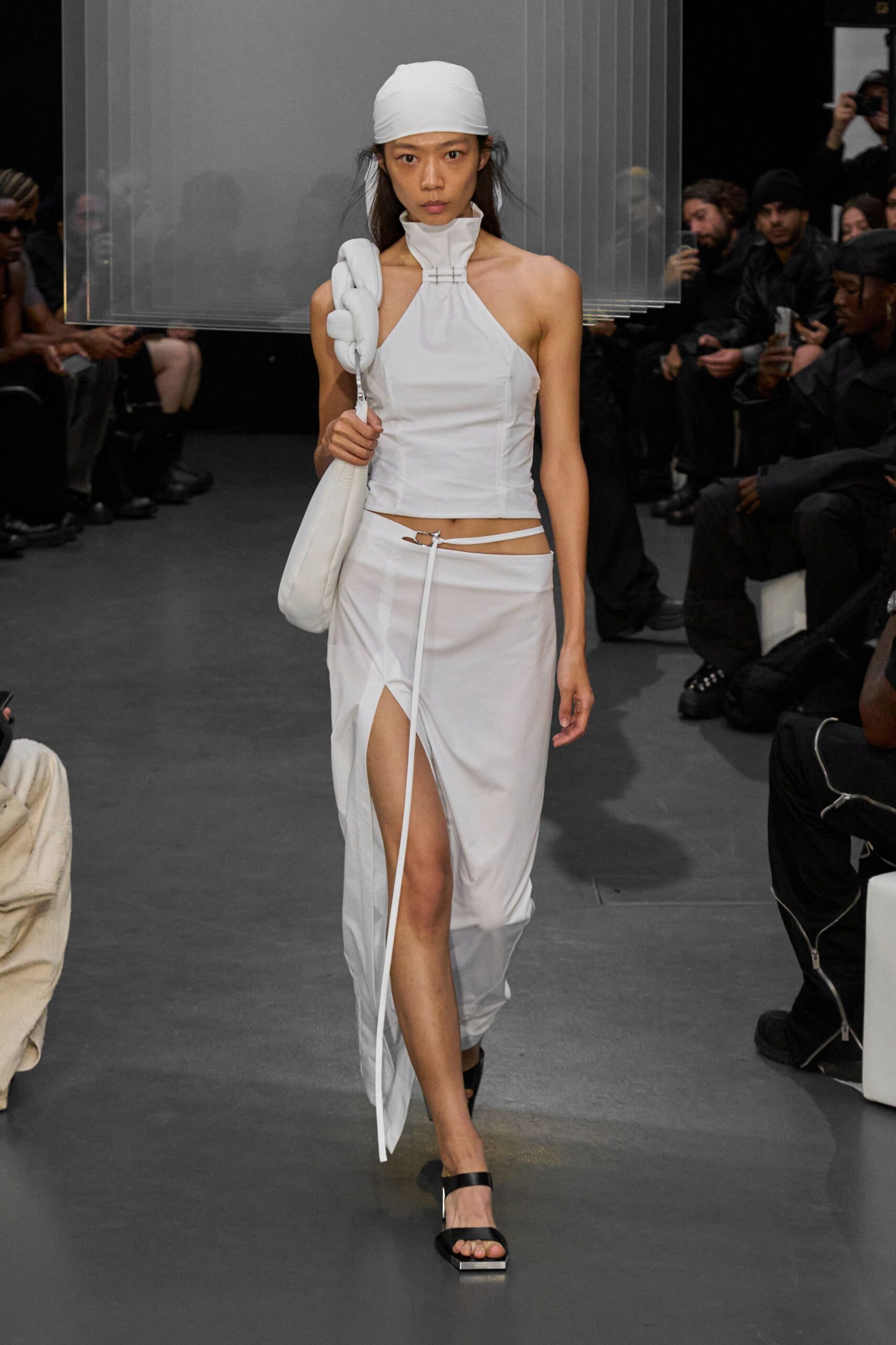white cotton slit fitted high-waisted skirt