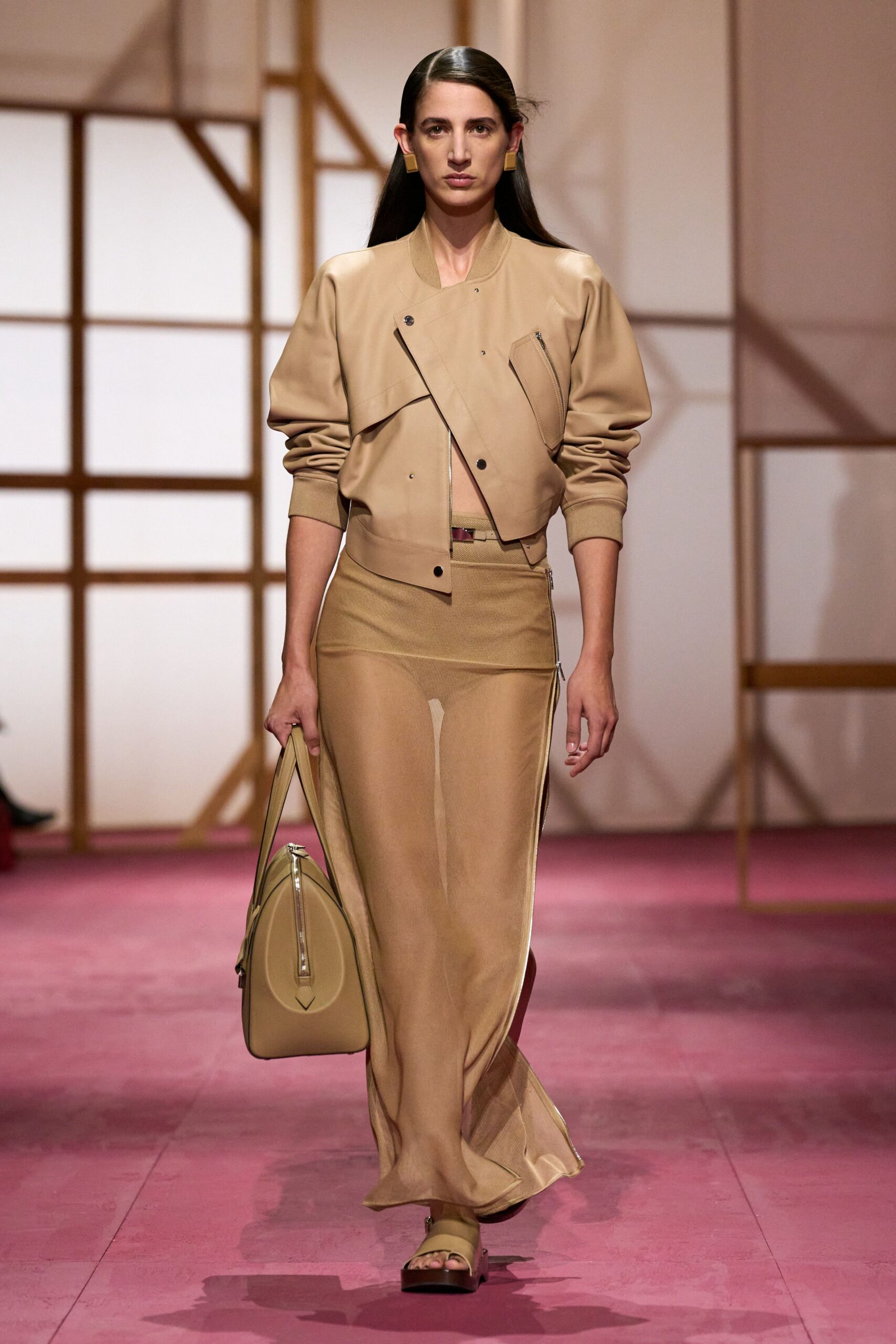 beige leather long-sleeve collared fitted zippered jacket