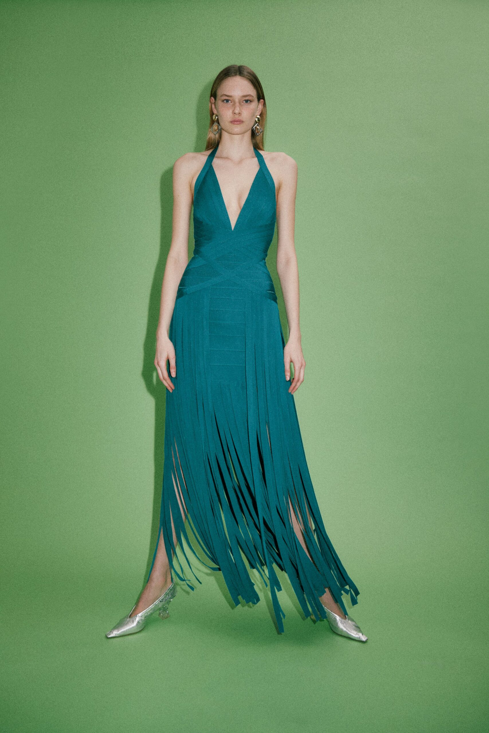 teal cotton sleeveless v-neck fitted fringed maxi gown