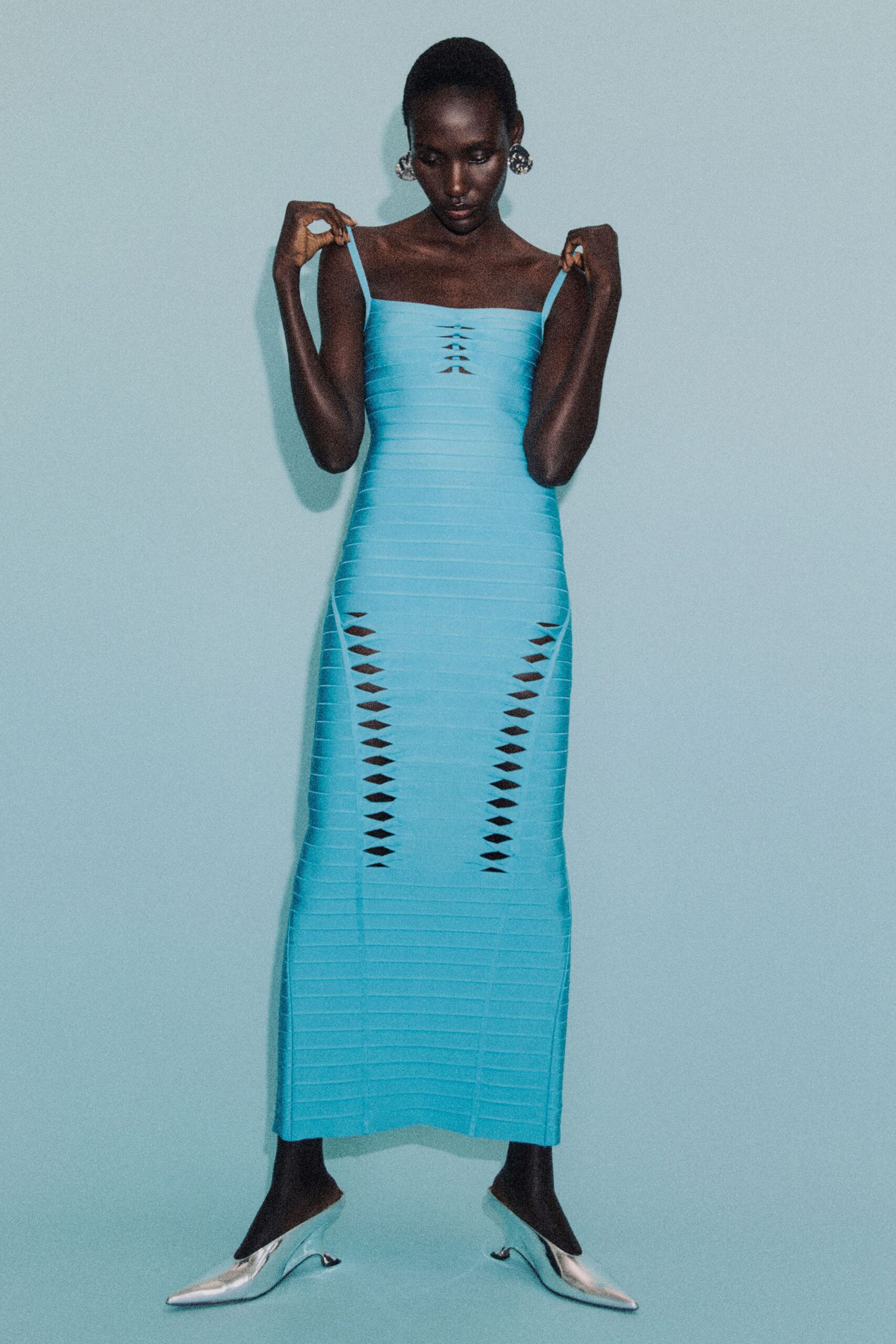 blue cotton sleeveless high-neck fitted ribbed midi dress