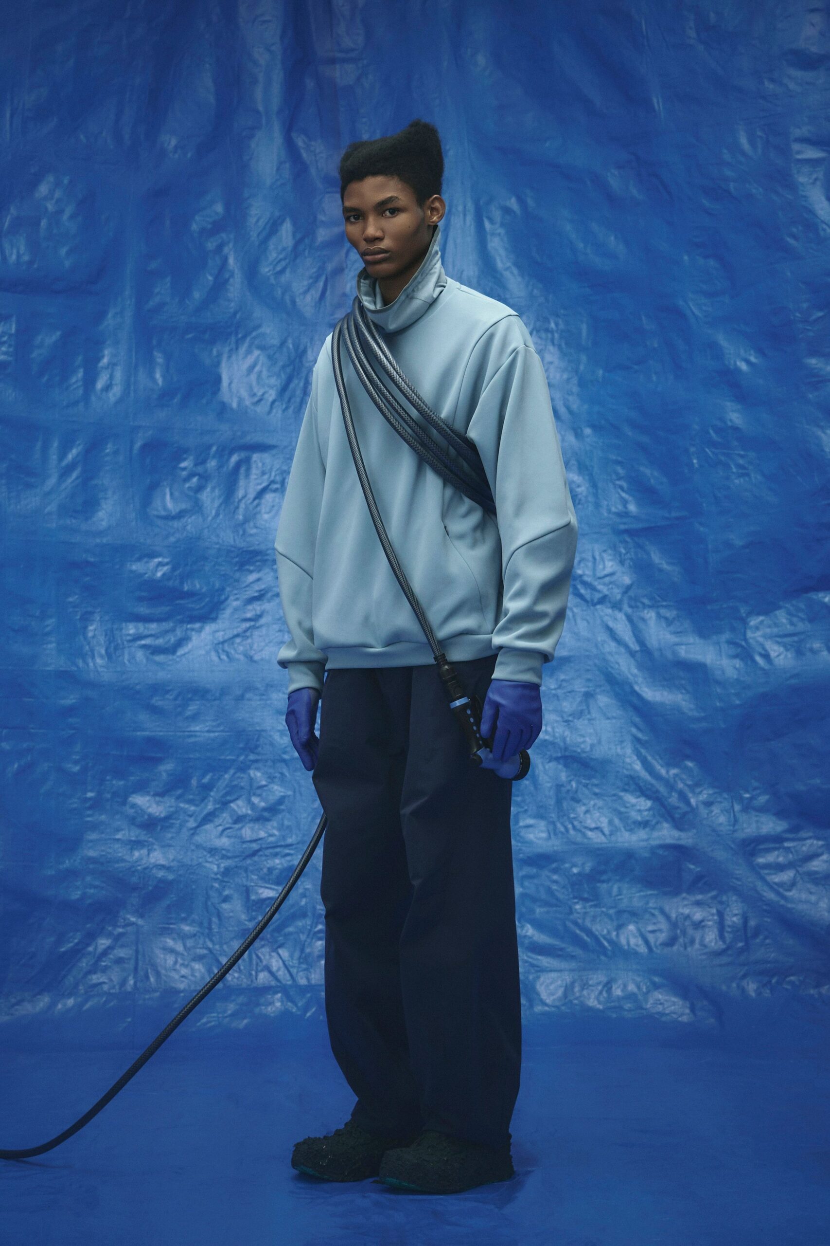 blue relaxed hoodie and navy pants