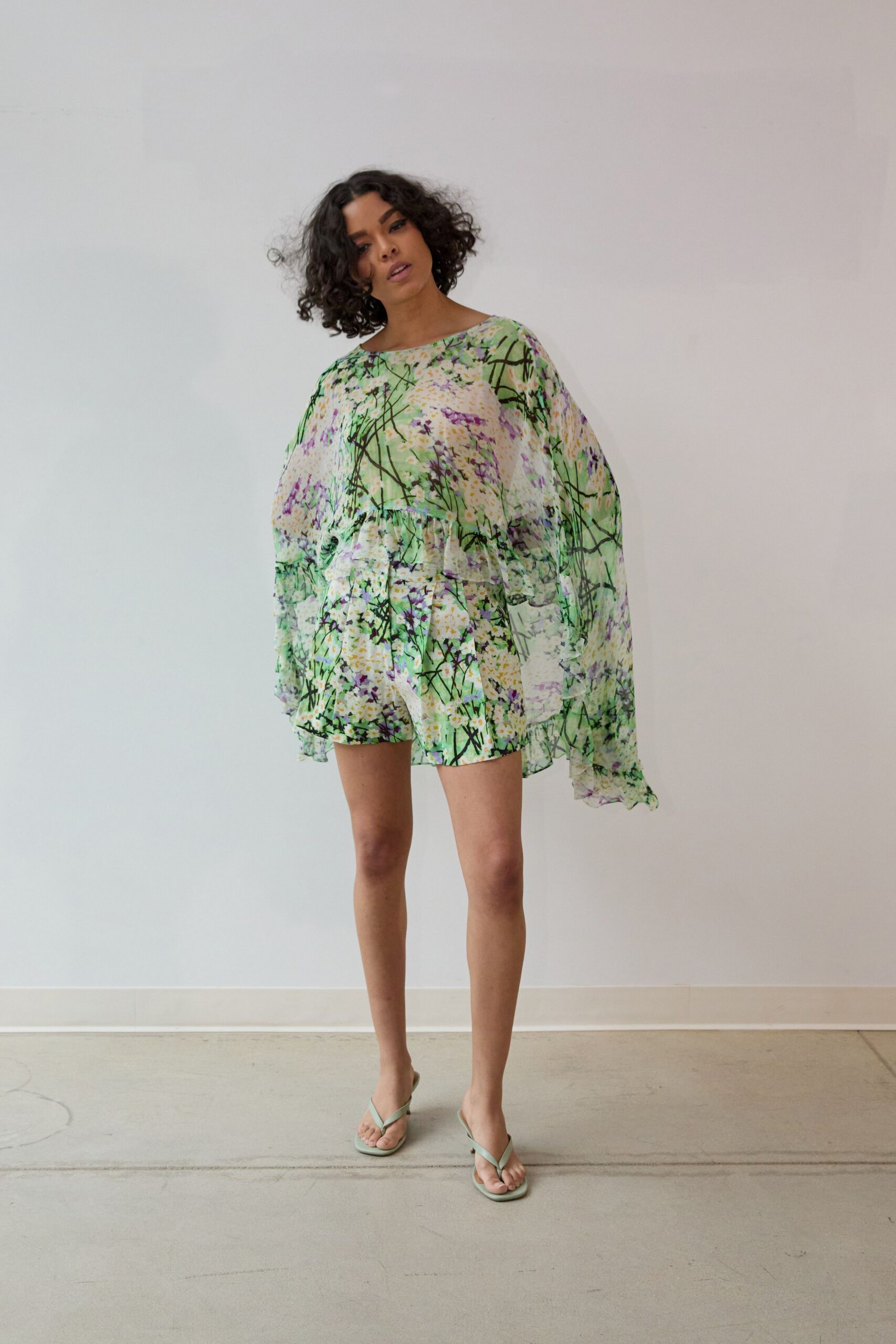 green chiffon long-sleeve off-shoulder relaxed floral layered dress