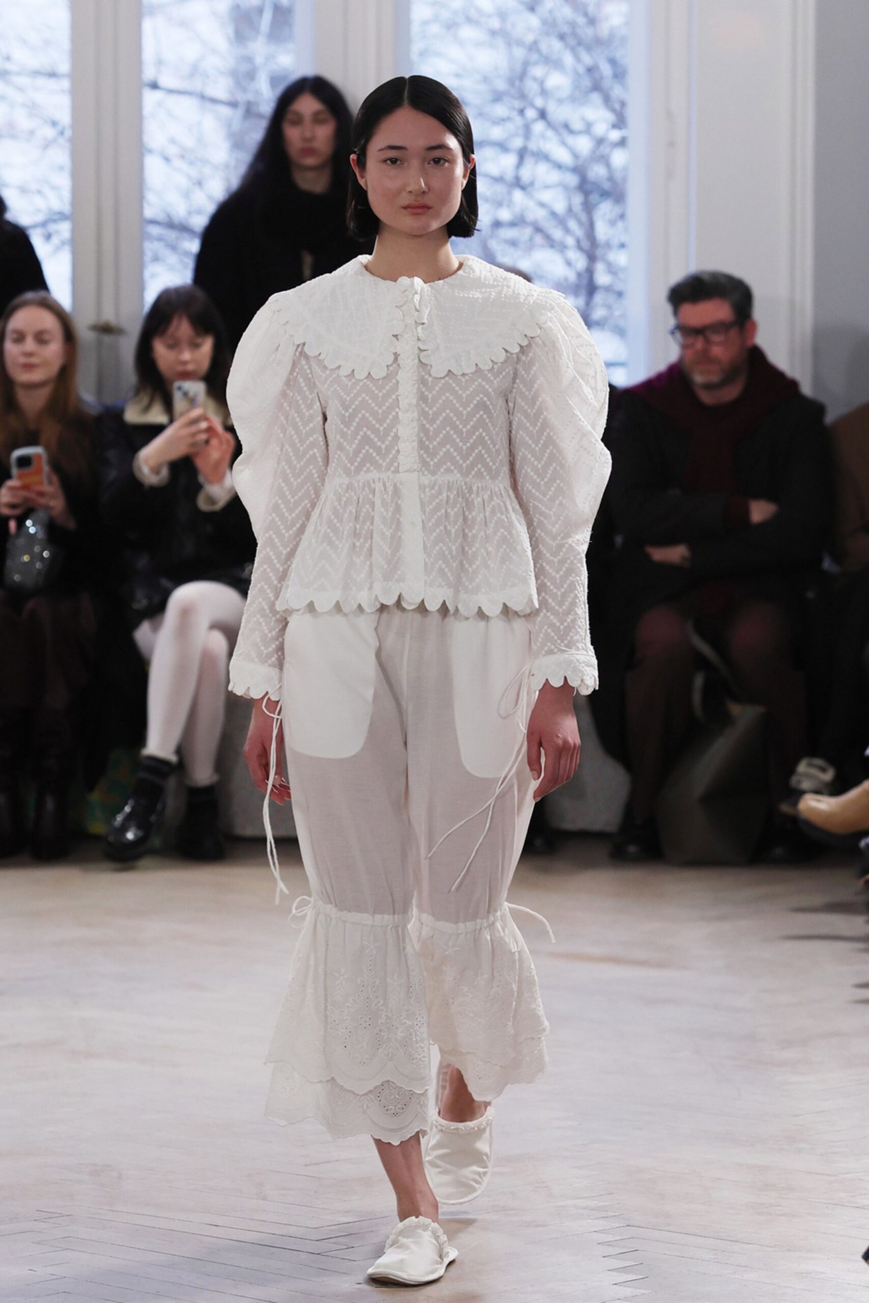 white cotton long-sleeve collared fitted pleated ruffled blouse