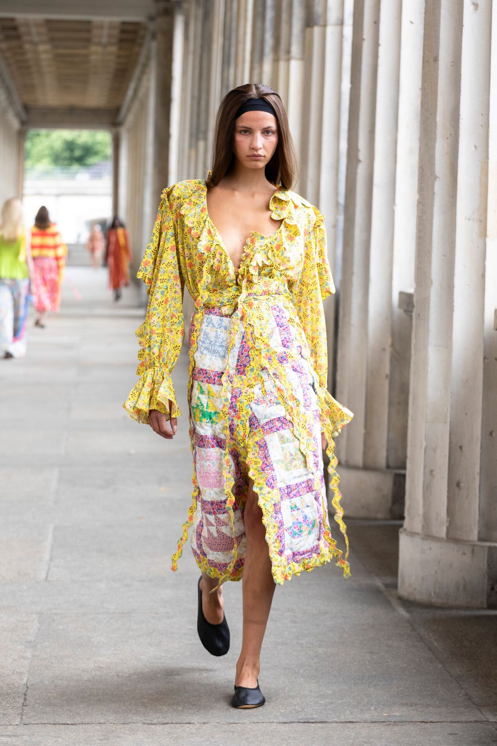 yellow cotton long-sleeve v-neck fitted ruffled pleated dress