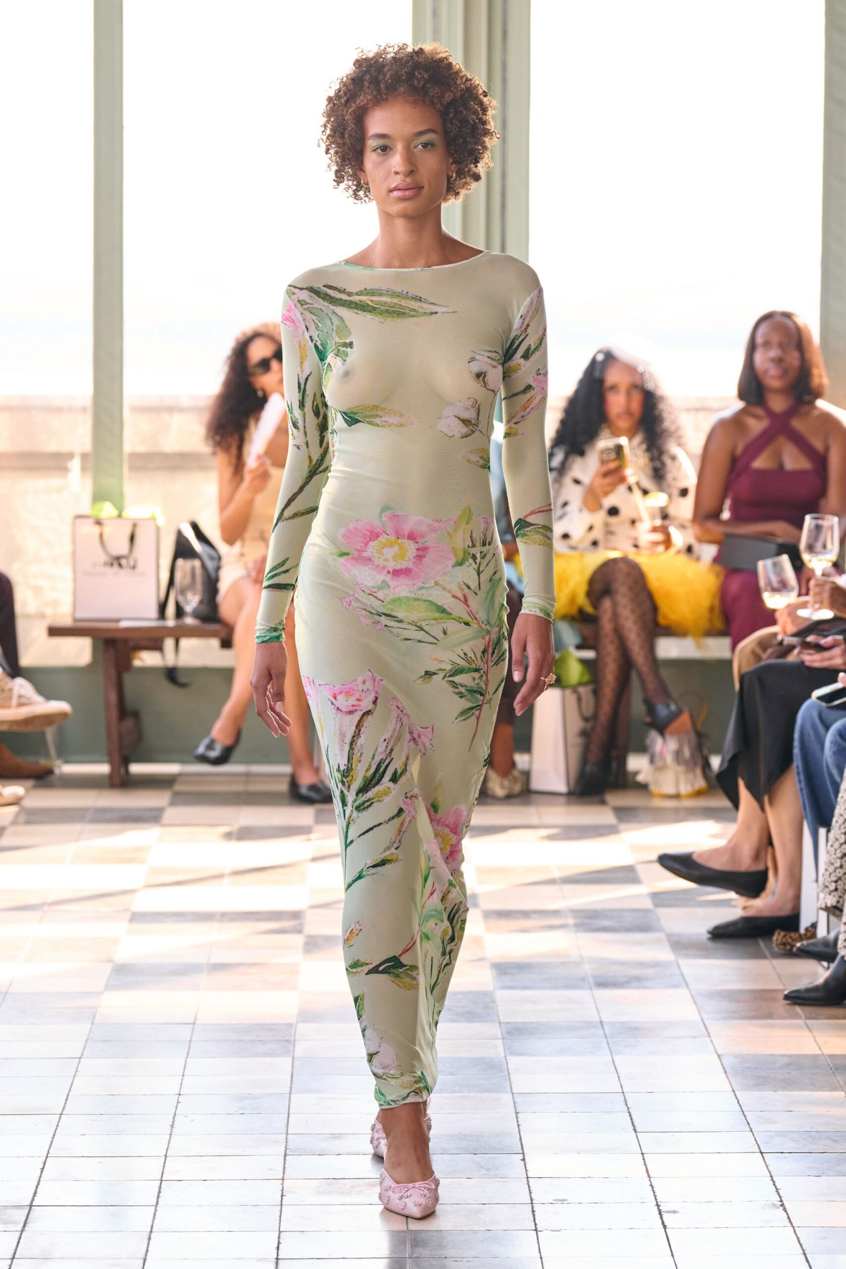 floral green maxi gown with pink shoes