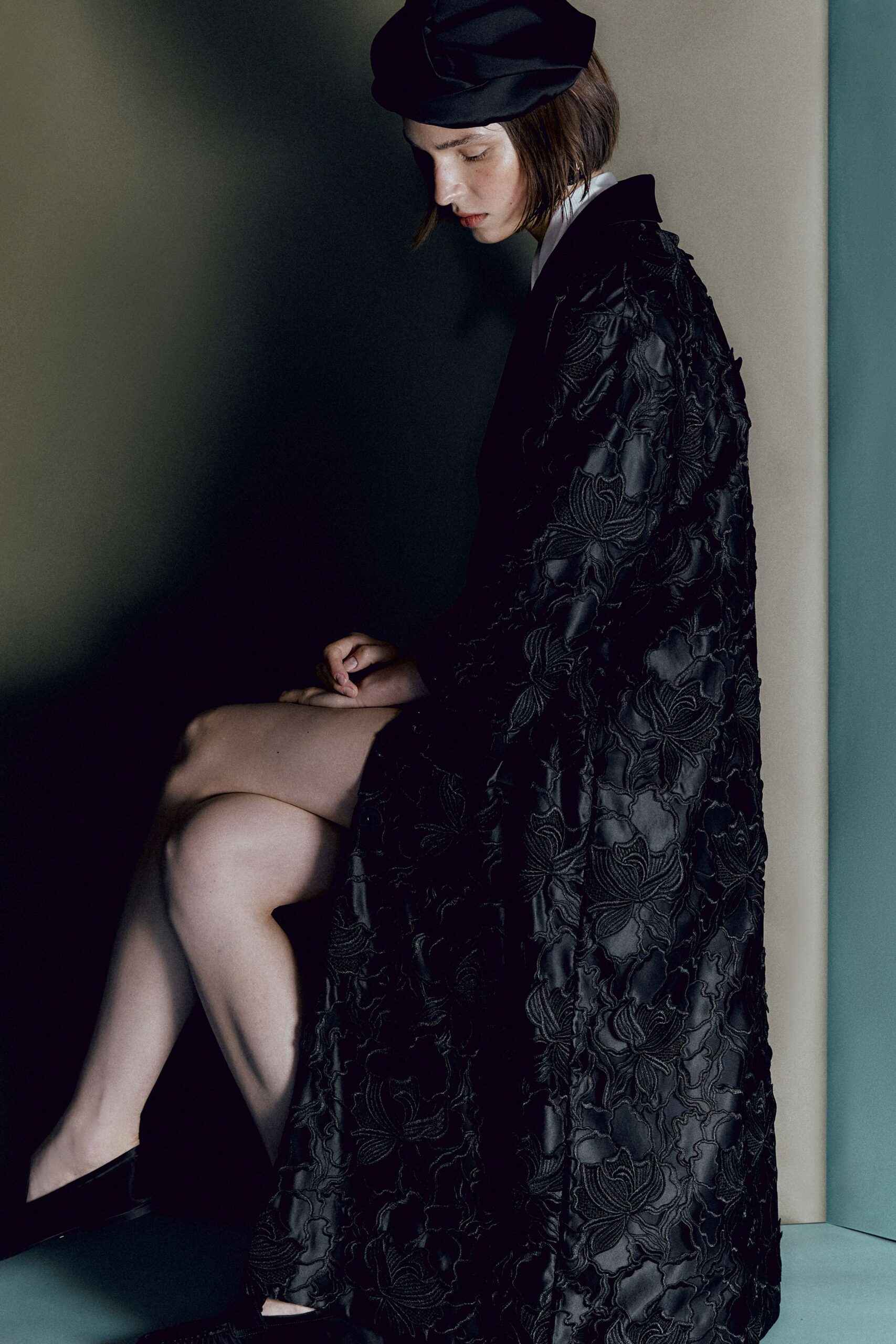 black embroidered coat with hat