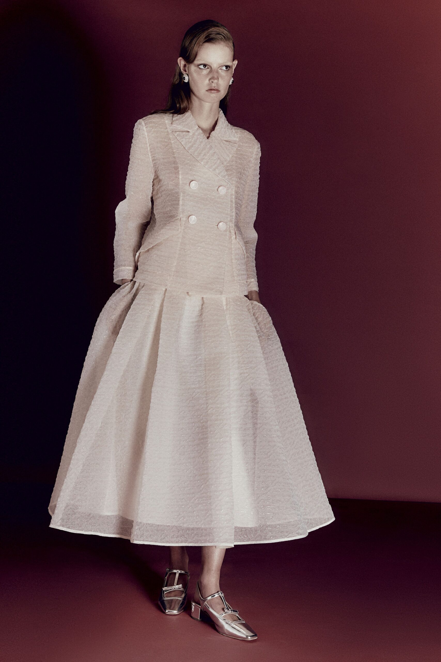 white chiffon long-sleeve collared fitted pleated layered dress