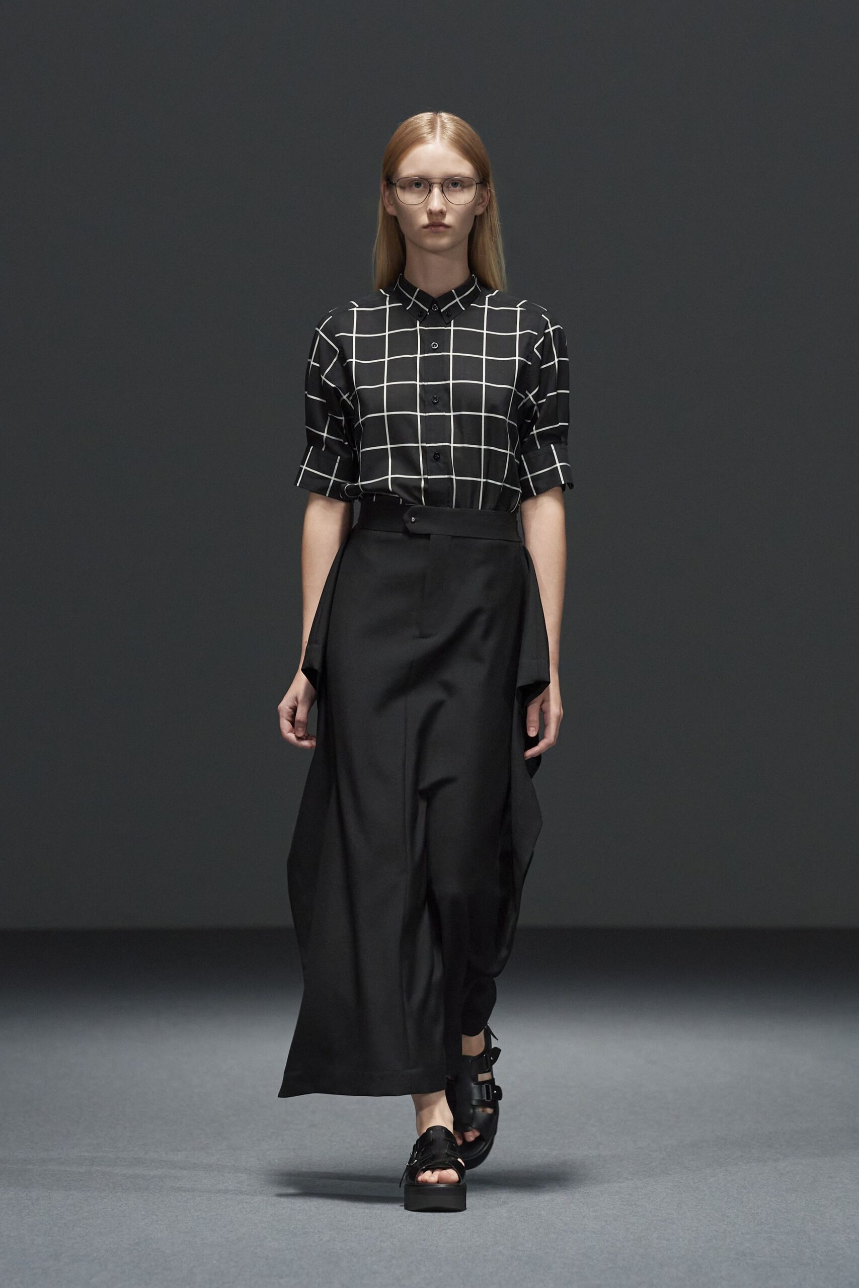 black and white checked shirt with asymmetric skirt