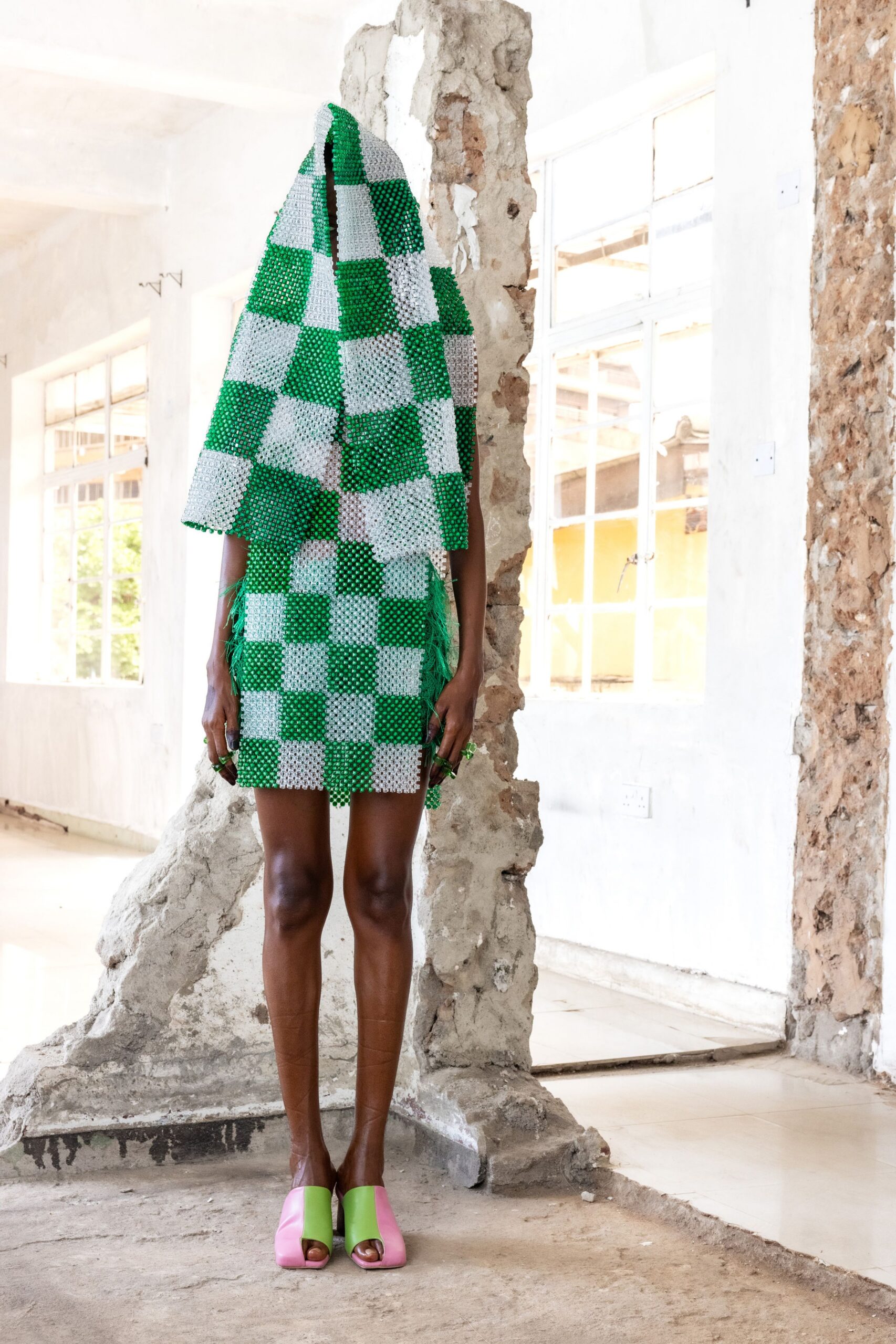 green and white checked mini-dress with pink shoes