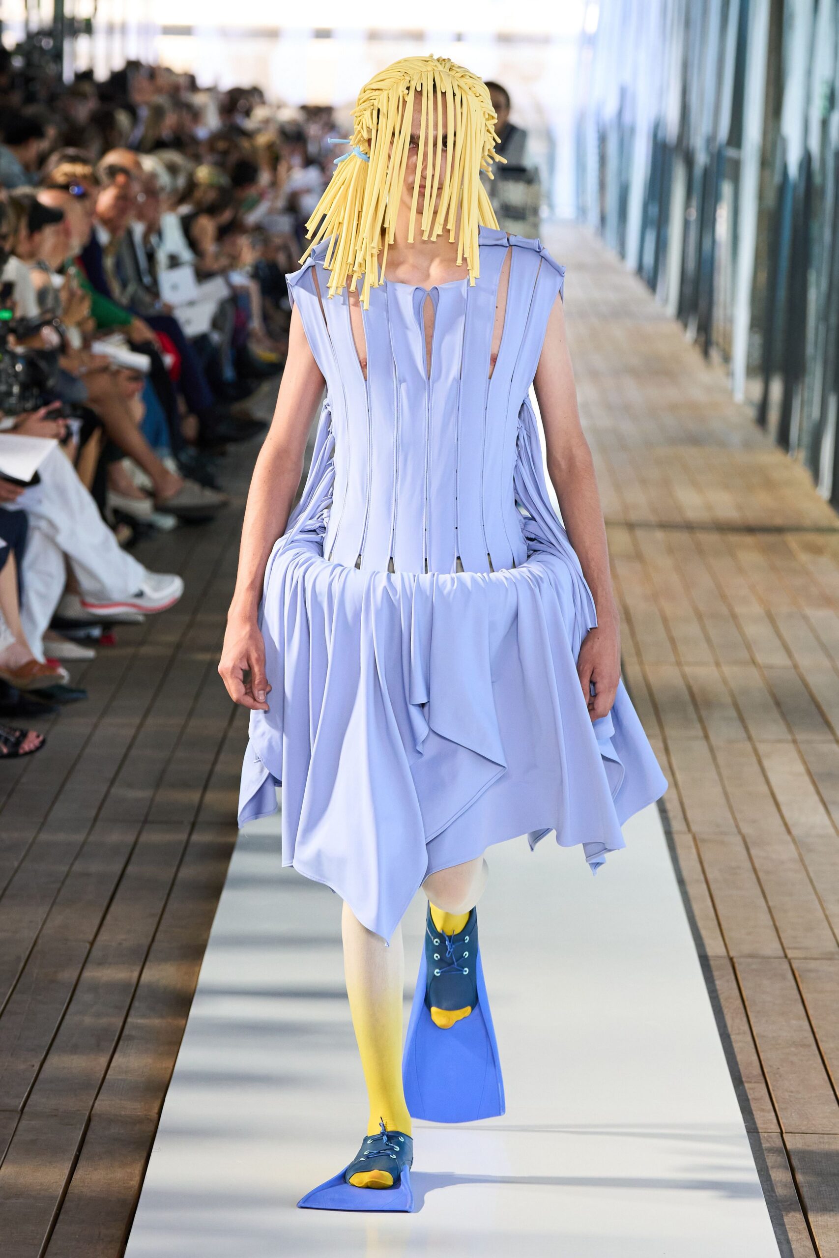 blue pleated midi dress and shoes