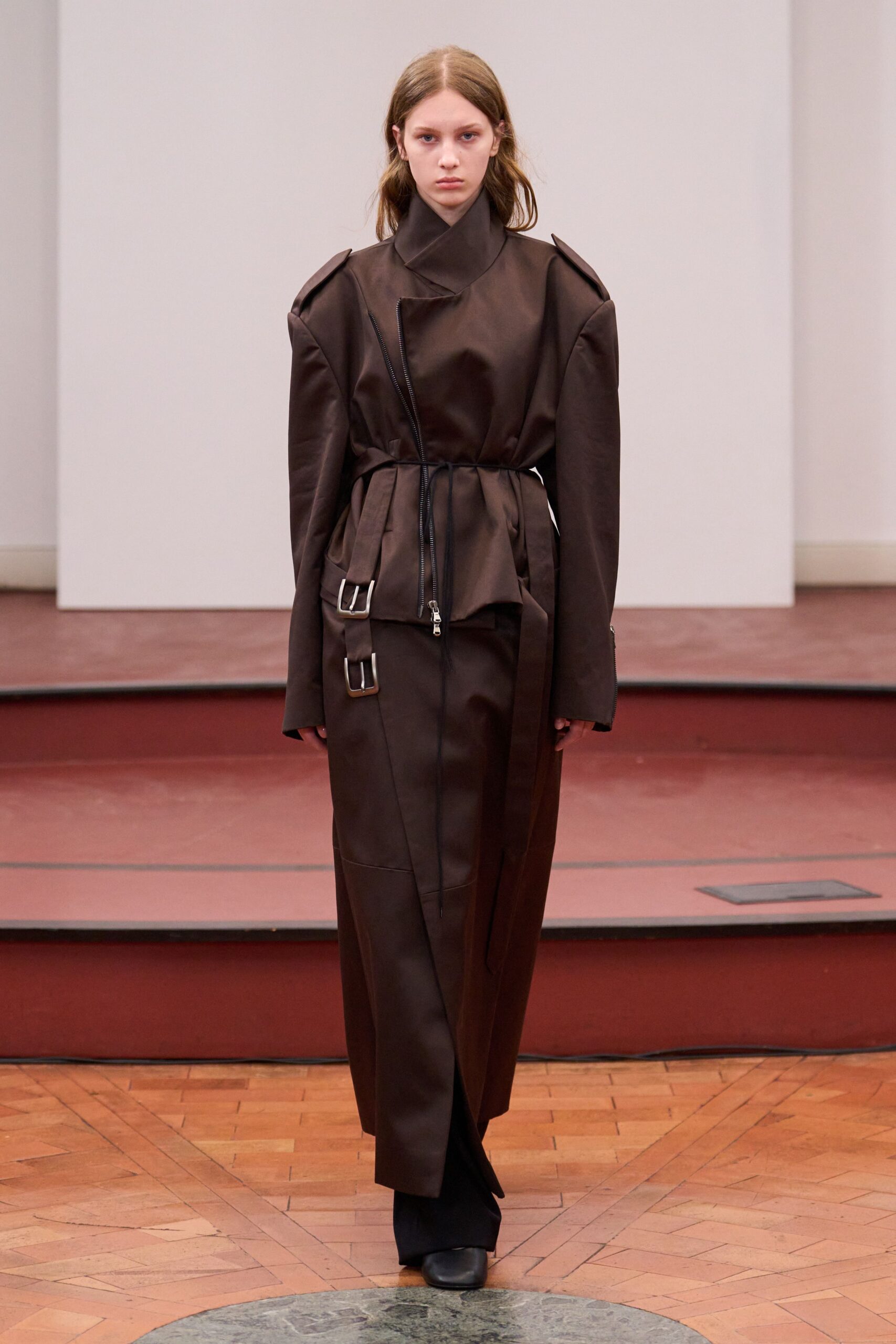 brown leather belted maxi dress
