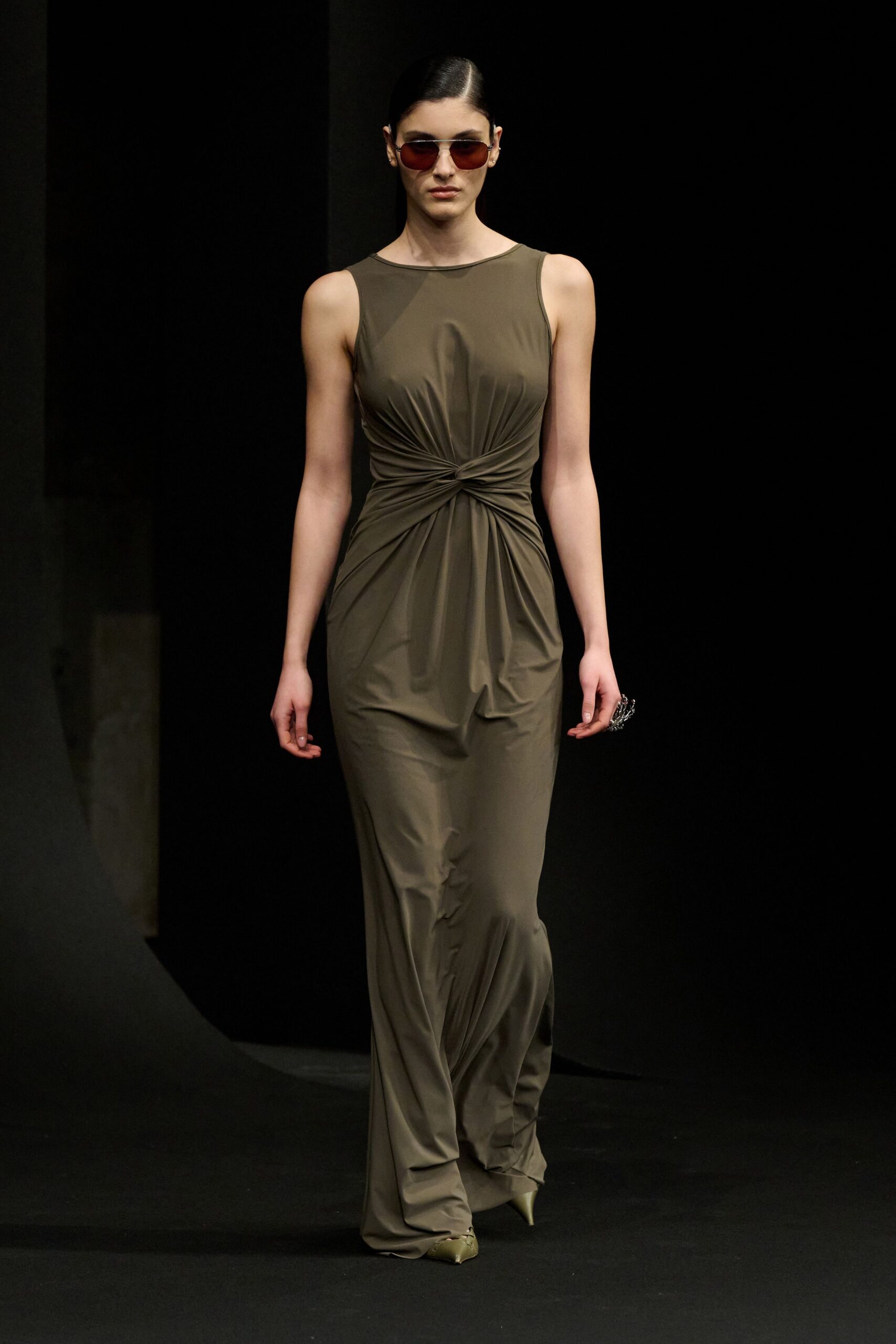 green fitted sleeveless gown