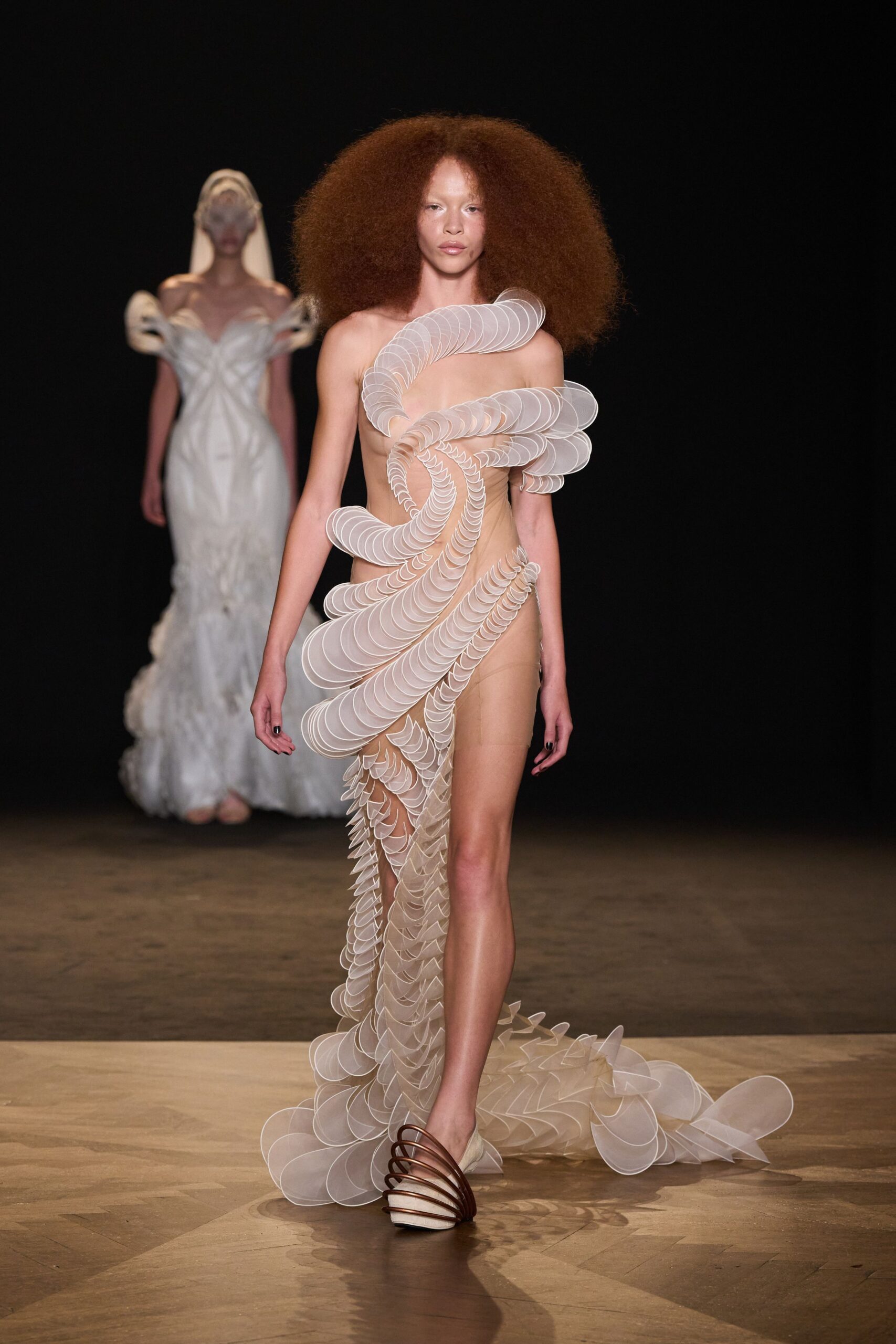 white silk long-sleeve v-neck fitted ruffled maxi gown