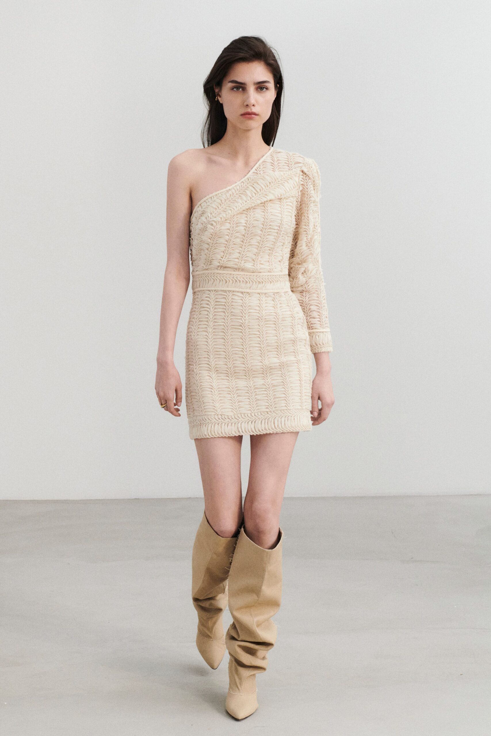 beige cotton sleeveless asymmetric fitted textured mini dress