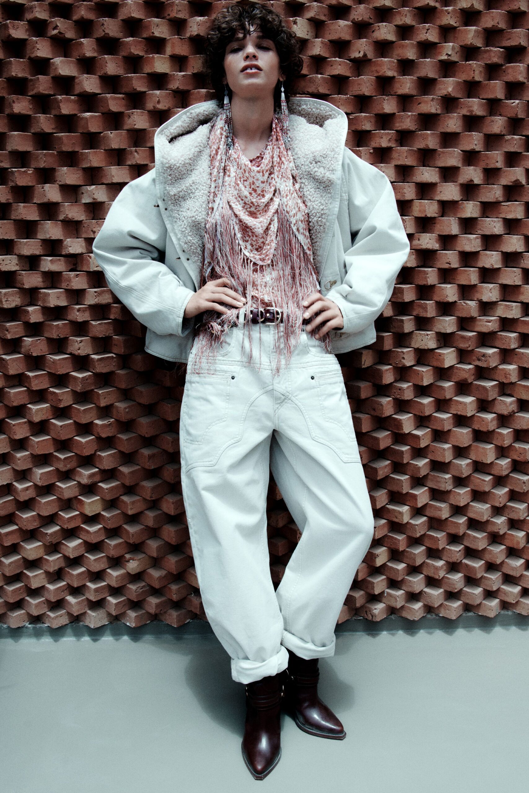 white relaxed jacket with pink fringed top