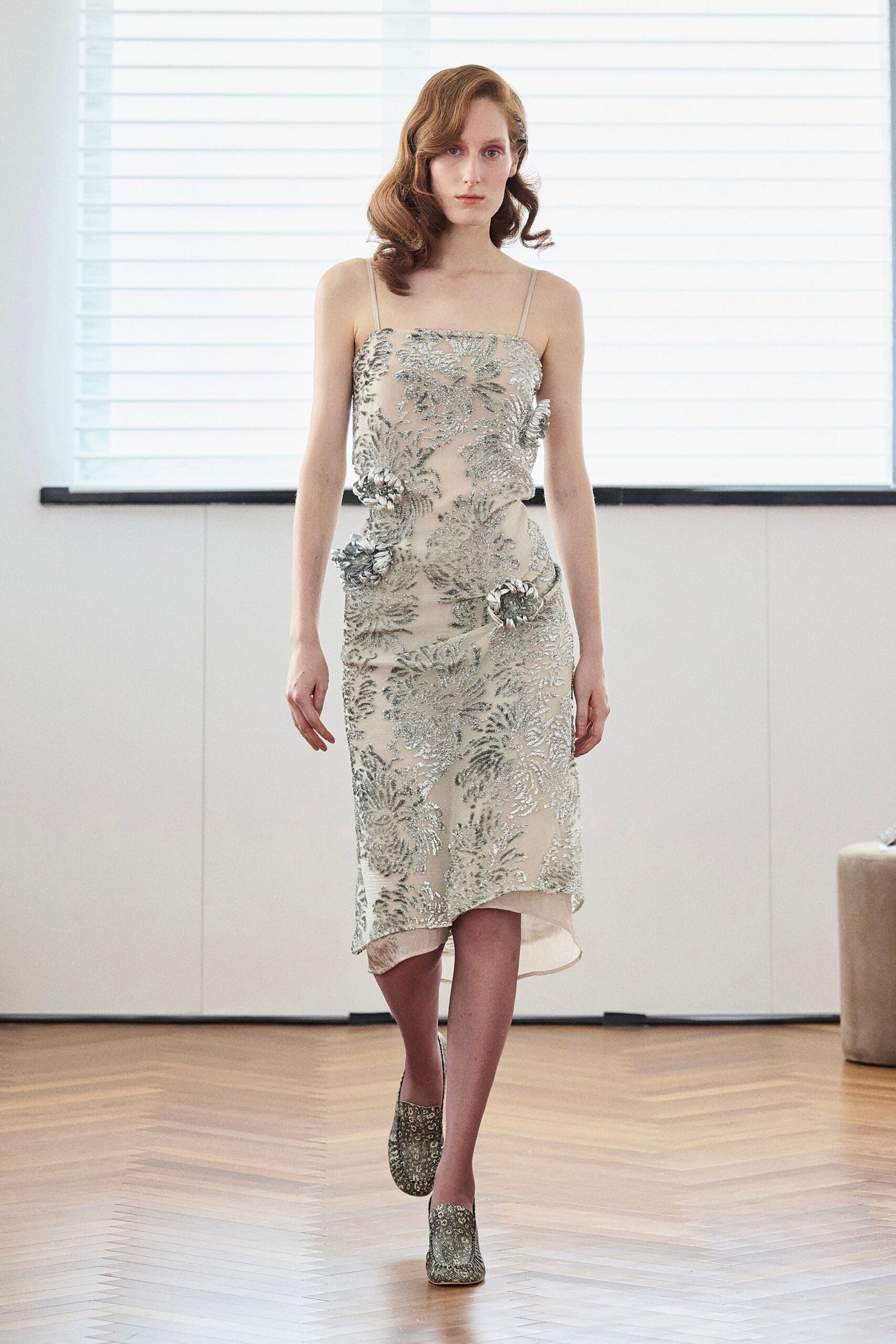 beige silk embroidered midi dress