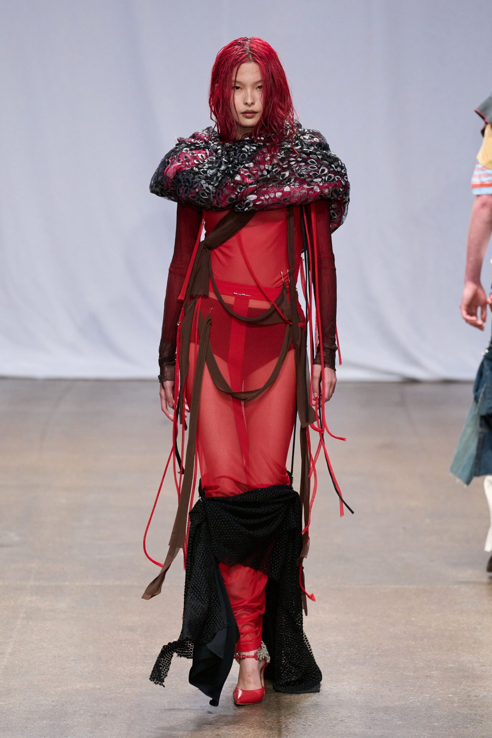 red sheer layered dress with red shoes