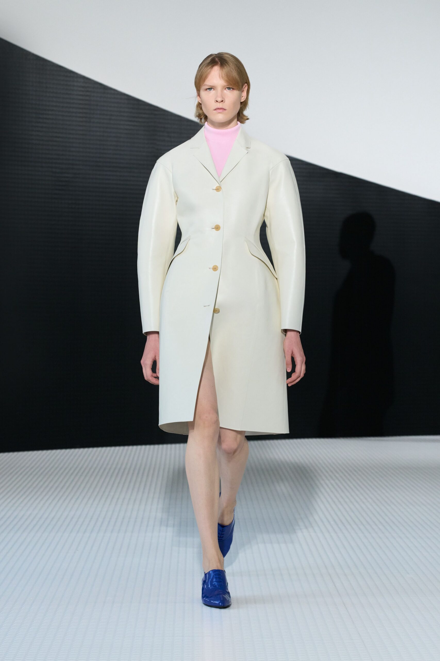 white vinyl long-sleeve collared structured buttoned midi coat